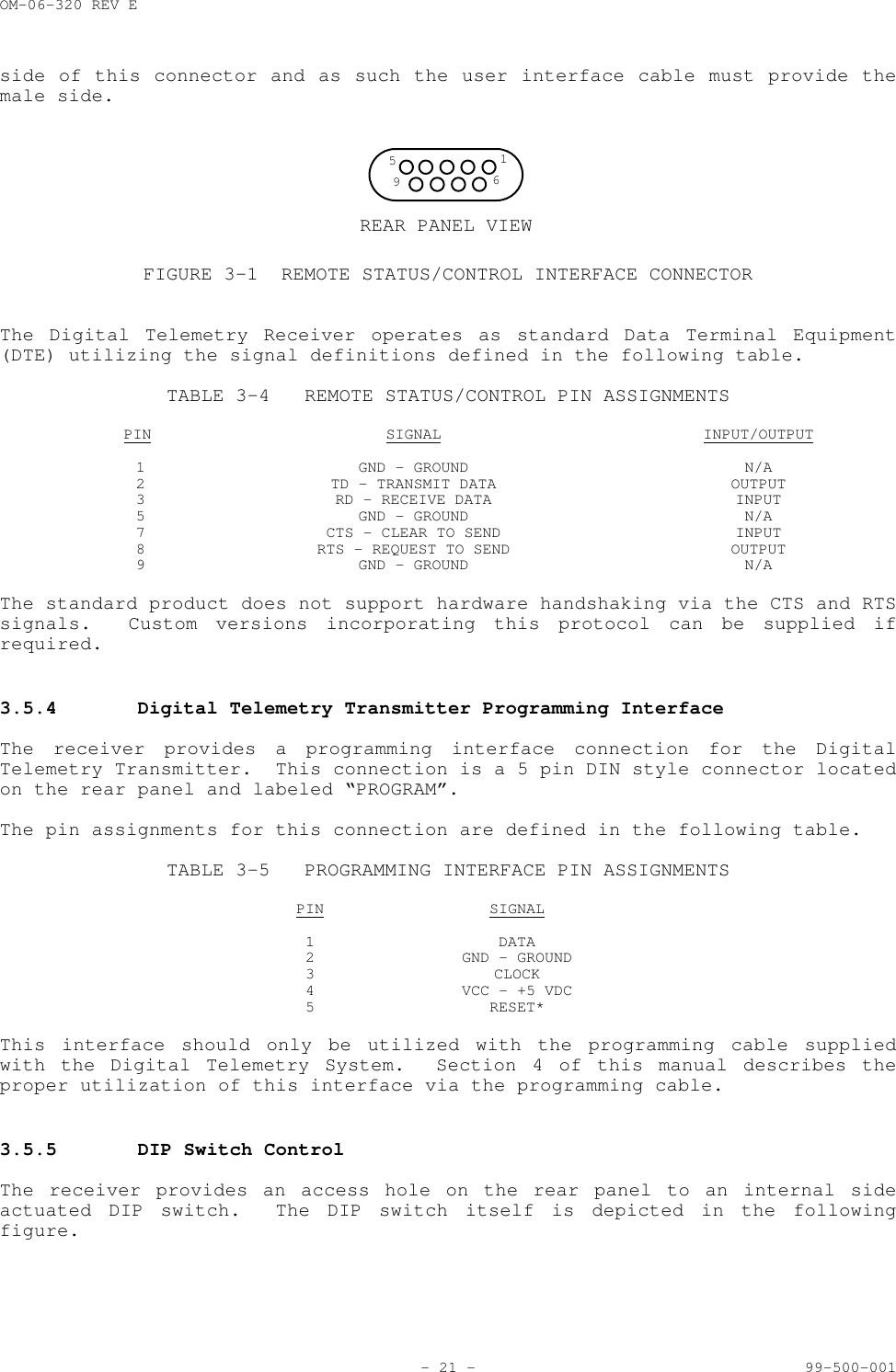 OM-06-320 REV E- 21 - 99-500-001side of this connector and as such the user interface cable must provide themale side.REAR PANEL VIEW5196FIGURE 3-1 REMOTE STATUS/CONTROL INTERFACE CONNECTORThe Digital Telemetry Receiver operates as standard Data Terminal Equipment(DTE) utilizing the signal definitions defined in the following table.TABLE 3-4 REMOTE STATUS/CONTROL PIN ASSIGNMENTSPIN SIGNAL INPUT/OUTPUT1 GND - GROUND N/A2 TD - TRANSMIT DATA OUTPUT3 RD - RECEIVE DATA INPUT5 GND - GROUND N/A7 CTS - CLEAR TO SEND INPUT8 RTS - REQUEST TO SEND OUTPUT9 GND - GROUND N/AThe standard product does not support hardware handshaking via the CTS and RTSsignals.  Custom versions incorporating this protocol can be supplied ifrequired.3.5.4 Digital Telemetry Transmitter Programming InterfaceThe receiver provides a programming interface connection for the DigitalTelemetry Transmitter.  This connection is a 5 pin DIN style connector locatedon the rear panel and labeled &ldquo;PROGRAM&rdquo;.The pin assignments for this connection are defined in the following table.TABLE 3-5 PROGRAMMING INTERFACE PIN ASSIGNMENTSPIN SIGNAL1 DATA2 GND - GROUND3 CLOCK4 VCC - +5 VDC5 RESET*This interface should only be utilized with the programming cable suppliedwith the Digital Telemetry System.  Section 4 of this manual describes theproper utilization of this interface via the programming cable.3.5.5 DIP Switch ControlThe receiver provides an access hole on the rear panel to an internal sideactuated DIP switch.  The DIP switch itself is depicted in the followingfigure.