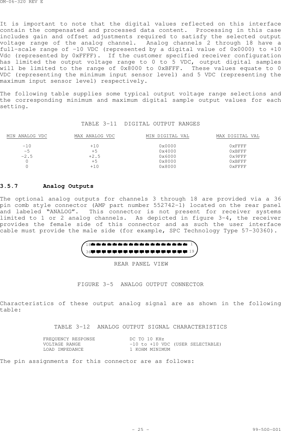 OM-06-320 REV E- 25 - 99-500-001It is important to note that the digital values reflected on this interfacecontain the compensated and processed data content.  Processing in this caseincludes gain and offset adjustments required to satisfy the selected outputvoltage range of the analog channel.  Analog channels 2 through 18 have afull-scale range of -10 VDC (represented by a digital value of 0x0000) to +10Vdc (represented by 0xFFFF).  If the customer specified receiver configurationhas limited the output voltage range to 0 to 5 VDC, output digital sampleswill be limited to the range of 0x8000 to 0xBFFF.  These values equate to 0VDC (representing the minimum input sensor level) and 5 VDC (representing themaximum input sensor level) respectively.The following table supplies some typical output voltage range selections andthe corresponding minimum and maximum digital sample output values for eachsetting.TABLE 3-11 DIGITAL OUTPUT RANGESMIN ANALOG VDC MAX ANALOG VDC MIN DIGITAL VAL MAX DIGITAL VAL-10 +10 0x0000 0xFFFF-5 +5 0x4000 0xBFFF-2.5 +2.5 0x6000 0x9FFF0 +5 0x8000 0xBFFF0 +10 0x8000 0xFFFF3.5.7 Analog OutputsThe optional analog outputs for channels 3 through 18 are provided via a 36pin comb style connector (AMP part number 552742-1) located on the rear paneland labeled &ldquo;ANALOG&rdquo;.  This connector is not present for receiver systemslimited to 1 or 2 analog channels.  As depicted in figure 3-4, the receiverprovides the female side of this connector and as such the user interfacecable must provide the male side (for example, SPC Technology Type 57-30360).REAR PANEL VIEW18 136 19FIGURE 3-5 ANALOG OUTPUT CONNECTORCharacteristics of these output analog signal are as shown in the followingtable:TABLE 3-12 ANALOG OUTPUT SIGNAL CHARACTERISTICSFREQUENCY RESPONSE DC TO 10 KHzVOLTAGE RANGE -10 to +10 VDC (USER SELECTABLE)LOAD IMPEDANCE 1 KOHM MINIMUMThe pin assignments for this connector are as follows: