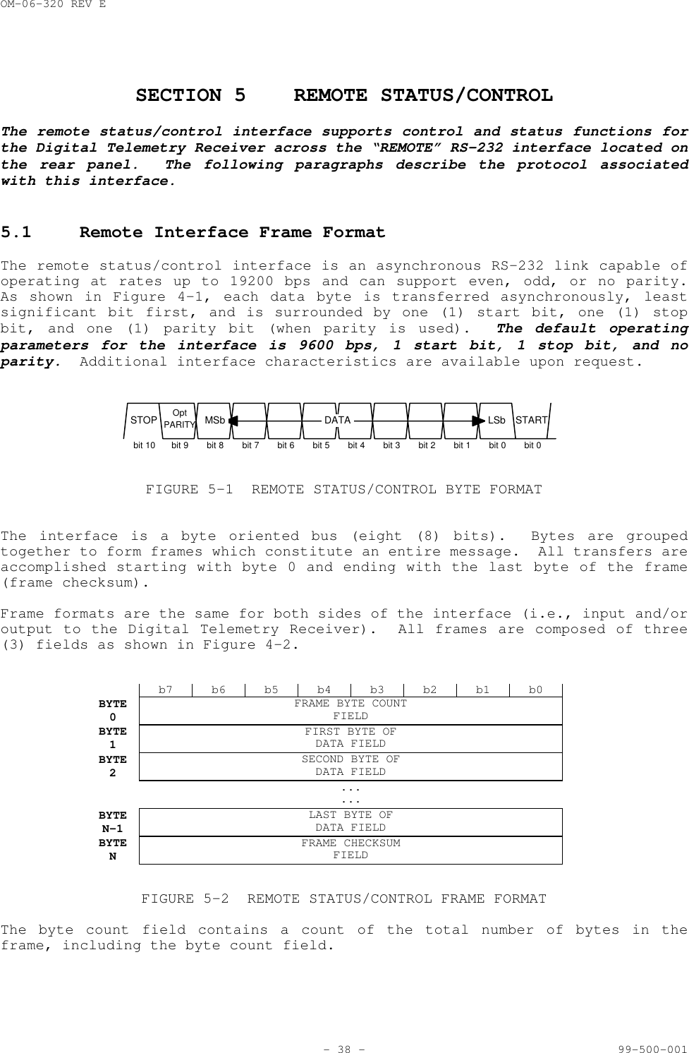 OM-06-320 REV E- 38 - 99-500-001SECTION 5 REMOTE STATUS/CONTROLThe remote status/control interface supports control and status functions forthe Digital Telemetry Receiver across the &ldquo;REMOTE&rdquo; RS-232 interface located onthe rear panel.  The following paragraphs describe the protocol associatedwith this interface.5.1 Remote Interface Frame FormatThe remote status/control interface is an asynchronous RS-232 link capable ofoperating at rates up to 19200 bps and can support even, odd, or no parity.As shown in Figure 4-1, each data byte is transferred asynchronously, leastsignificant bit first, and is surrounded by one (1) start bit, one (1) stopbit, and one (1) parity bit (when parity is used).  The default operatingparameters for the interface is 9600 bps, 1 start bit, 1 stop bit, and noparity.  Additional interface characteristics are available upon request.DATA LSbMSbOptPARITYSTOP STARTbit 10 bit 9 bit 8 bit 7 bit 6 bit 5 bit 4 bit 3 bit 2 bit 1 bit 0 bit 0FIGURE 5-1 REMOTE STATUS/CONTROL BYTE FORMATThe interface is a byte oriented bus (eight (8) bits).  Bytes are groupedtogether to form frames which constitute an entire message.  All transfers areaccomplished starting with byte 0 and ending with the last byte of the frame(frame checksum).Frame formats are the same for both sides of the interface (i.e., input and/oroutput to the Digital Telemetry Receiver).  All frames are composed of three(3) fields as shown in Figure 4-2.b7 b6 b5 b4 b3 b2 b1 b0BYTE0FRAME BYTE COUNTFIELDBYTE1FIRST BYTE OFDATA FIELDBYTE2SECOND BYTE OFDATA FIELD......BYTEN-1LAST BYTE OFDATA FIELDBYTENFRAME CHECKSUMFIELDFIGURE 5-2 REMOTE STATUS/CONTROL FRAME FORMATThe byte count field contains a count of the total number of bytes in theframe, including the byte count field.