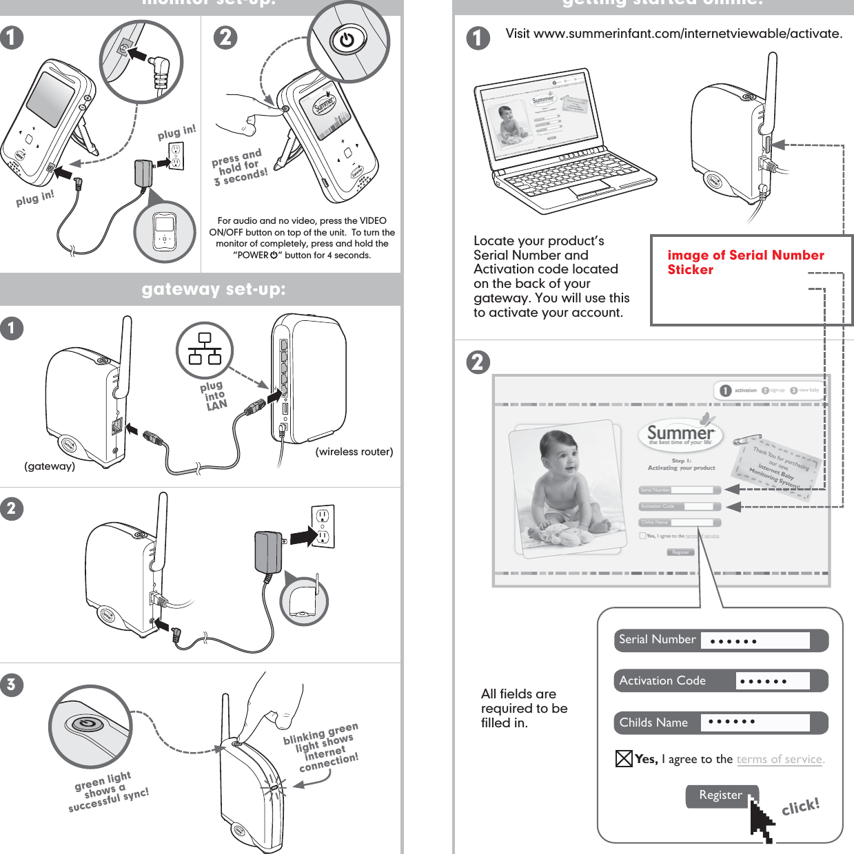 getting started online:1image of Serial NumberStickerclick!All fields are required to be filled in.Serial NumberActivation CodeChilds NameYes, I agree to the terms of service.Register..................Visit www.summerinfant.com/internetviewable/activate.23blinking green light showsinternet connection!green light shows a successful sync!plug intoLAN(gateway)1(wireless router)2Locate your product’s Serial Number and Activation code located on the back of your gateway. You will use this to activate your account.testing your initial setup:monitor set-up:testing your initial setup:gateway set-up:plug in!plug in!For audio and no video, press the VIDEO ON/OFF button on top of the unit.  To turn the monitor of completely, press and hold the “POWER    ” button for 4 seconds.21press andhold for3 seconds!