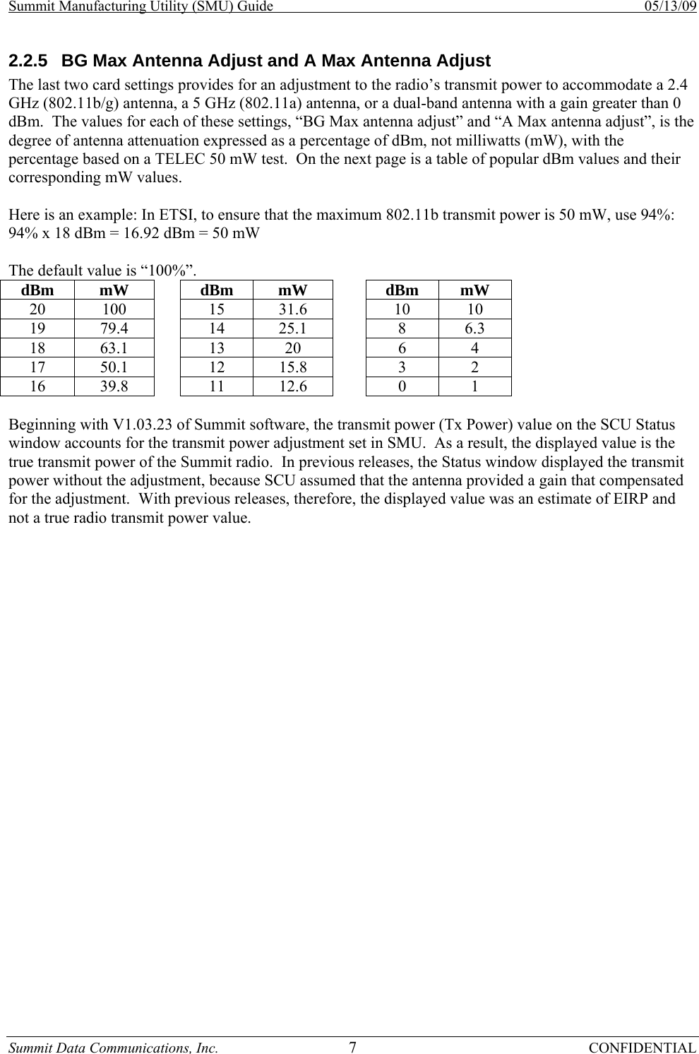 Summit Manufacturing Utility (SMU) Guide    05/13/09 Summit Data Communications, Inc.  7 CONFIDENTIAL 2.2.5  BG Max Antenna Adjust and A Max Antenna Adjust  The last two card settings provides for an adjustment to the radio’s transmit power to accommodate a 2.4 GHz (802.11b/g) antenna, a 5 GHz (802.11a) antenna, or a dual-band antenna with a gain greater than 0 dBm.  The values for each of these settings, “BG Max antenna adjust” and “A Max antenna adjust”, is the degree of antenna attenuation expressed as a percentage of dBm, not milliwatts (mW), with the percentage based on a TELEC 50 mW test.  On the next page is a table of popular dBm values and their corresponding mW values.  Here is an example: In ETSI, to ensure that the maximum 802.11b transmit power is 50 mW, use 94%: 94% x 18 dBm = 16.92 dBm = 50 mW  The default value is “100%”. dBm  mW   dBm  mW   dBm  mW 20 100  15 31.6  10 10 19  79.4   14  25.1   8  6.3 18 63.1  13  20   6  4 17  50.1   12  15.8   3  2 16  39.8   11  12.6   0  1  Beginning with V1.03.23 of Summit software, the transmit power (Tx Power) value on the SCU Status window accounts for the transmit power adjustment set in SMU.  As a result, the displayed value is the true transmit power of the Summit radio.  In previous releases, the Status window displayed the transmit power without the adjustment, because SCU assumed that the antenna provided a gain that compensated for the adjustment.  With previous releases, therefore, the displayed value was an estimate of EIRP and not a true radio transmit power value.  