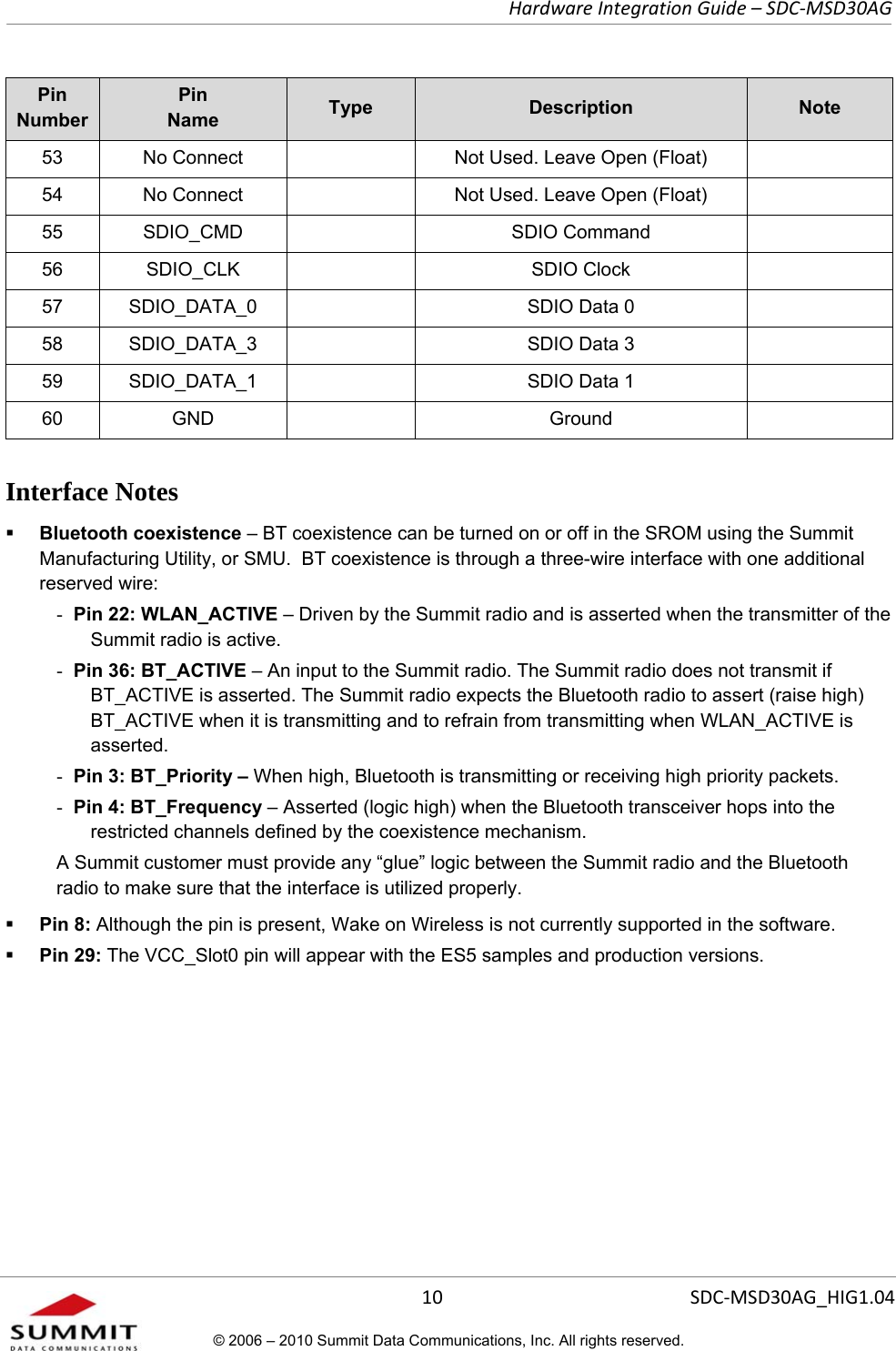   Hardware Integration Guide – SDC-MSD30AG       10  SDC-MSD30AG_HIG1.04© 2006 – 2010 Summit Data Communications, Inc. All rights reserved.  Pin Number Pin  Name  Type  Description  Note 53  No Connect    Not Used. Leave Open (Float)   54  No Connect    Not Used. Leave Open (Float)   55 SDIO_CMD    SDIO Command   56 SDIO_CLK    SDIO Clock   57 SDIO_DATA_0    SDIO Data 0   58 SDIO_DATA_3    SDIO Data 3   59 SDIO_DATA_1    SDIO Data 1   60 GND    Ground    Interface Notes  Bluetooth coexistence – BT coexistence can be turned on or off in the SROM using the Summit Manufacturing Utility, or SMU.  BT coexistence is through a three-wire interface with one additional reserved wire: - Pin 22: WLAN_ACTIVE – Driven by the Summit radio and is asserted when the transmitter of the Summit radio is active. - Pin 36: BT_ACTIVE – An input to the Summit radio. The Summit radio does not transmit if BT_ACTIVE is asserted. The Summit radio expects the Bluetooth radio to assert (raise high) BT_ACTIVE when it is transmitting and to refrain from transmitting when WLAN_ACTIVE is asserted. - Pin 3: BT_Priority – When high, Bluetooth is transmitting or receiving high priority packets. - Pin 4: BT_Frequency – Asserted (logic high) when the Bluetooth transceiver hops into the restricted channels defined by the coexistence mechanism. A Summit customer must provide any “glue” logic between the Summit radio and the Bluetooth radio to make sure that the interface is utilized properly.  Pin 8: Although the pin is present, Wake on Wireless is not currently supported in the software.  Pin 29: The VCC_Slot0 pin will appear with the ES5 samples and production versions. 