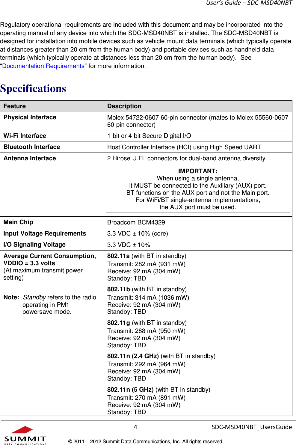     User’s Guide – SDC-MSD40NBT  4   SDC-MSD40NBT_UsersGuide © 2011  2012 Summit Data Communications, Inc. All rights reserved.  Regulatory operational requirements are included with this document and may be incorporated into the operating manual of any device into which the SDC-MSD40NBT is installed. The SDC-MSD40NBT is designed for installation into mobile devices such as vehicle mount data terminals (which typically operate at distances greater than 20 cm from the human body) and portable devices such as handheld data terminals (which typically operate at distances less than 20 cm from the human body).  See Documentation Requirements Specifications Feature Description Physical Interface Molex 54722-0607 60-pin connector (mates to Molex 55560-0607 60-pin connector) Wi-Fi Interface 1-bit or 4-bit Secure Digital I/O  Bluetooth Interface Host Controller Interface (HCI) using High Speed UART Antenna Interface 2 Hirose U.FL connectors for dual-band antenna diversity IMPORTANT:  When using a single antenna,  it MUST be connected to the Auxiliary (AUX) port.  BT functions on the AUX port and not the Main port.  For WiFi/BT single-antenna implementations,  the AUX port must be used. Main Chip Broadcom BCM4329 Input Voltage Requirements 3.3 VDC ± 10% (core) I/O Signaling Voltage 3.3 VDC ± 10% Average Current Consumption, VDDIO = 3.3 volts (At maximum transmit power setting)  Note:  Standby refers to the radio operating in PM1 powersave mode.  802.11a (with BT in standby) Transmit: 282 mA (931 mW) Receive: 92 mA (304 mW) Standby: TBD 802.11b (with BT in standby) Transmit: 314 mA (1036 mW) Receive: 92 mA (304 mW) Standby: TBD 802.11g (with BT in standby) Transmit: 288 mA (950 mW) Receive: 92 mA (304 mW) Standby: TBD 802.11n (2.4 GHz) (with BT in standby) Transmit: 292 mA (964 mW) Receive: 92 mA (304 mW) Standby: TBD 802.11n (5 GHz) (with BT in standby) Transmit: 270 mA (891 mW) Receive: 92 mA (304 mW) Standby: TBD 