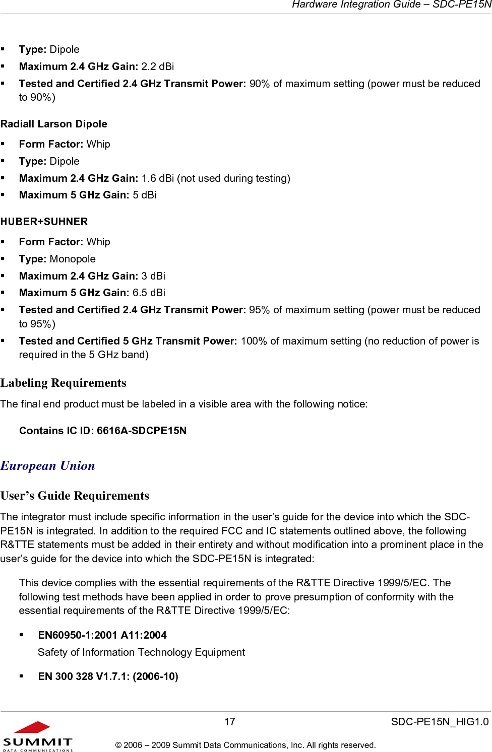   Hardware Integration Guide – SDC-PE15N       17                  SDC-PE15N_HIG1.0 © 2006 – 2009 Summit Data Communications, Inc. All rights reserved.   Type: Dipole  Maximum 2.4 GHz Gain: 2.2 dBi  Tested and Certified 2.4 GHz Transmit Power: 90% of maximum setting (power must be reduced to 90%) Radiall Larson Dipole   Form Factor: Whip  Type: Dipole  Maximum 2.4 GHz Gain: 1.6 dBi (not used during testing)  Maximum 5 GHz Gain: 5 dBi  HUBER+SUHNER   Form Factor: Whip  Type: Monopole  Maximum 2.4 GHz Gain: 3 dBi  Maximum 5 GHz Gain: 6.5 dBi   Tested and Certified 2.4 GHz Transmit Power: 95% of maximum setting (power must be reduced to 95%)  Tested and Certified 5 GHz Transmit Power: 100% of maximum setting (no reduction of power is required in the 5 GHz band) Labeling Requirements The final end product must be labeled in a visible area with the following notice: Contains IC ID: 6616A-SDCPE15N European Union User’s Guide Requirements The integrator must include specific information in the user’s guide for the device into which the SDC-PE15N is integrated. In addition to the required FCC and IC statements outlined above, the following R&amp;TTE statements must be added in their entirety and without modification into a prominent place in the user’s guide for the device into which the SDC-PE15N is integrated:   This device complies with the essential requirements of the R&amp;TTE Directive 1999/5/EC. The following test methods have been applied in order to prove presumption of conformity with the essential requirements of the R&amp;TTE Directive 1999/5/EC:  EN60950-1:2001 A11:2004 Safety of Information Technology Equipment  EN 300 328 V1.7.1: (2006-10) 