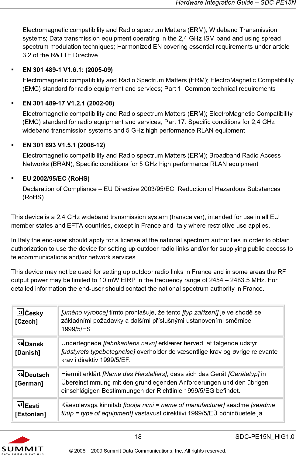   Hardware Integration Guide – SDC-PE15N       18                  SDC-PE15N_HIG1.0 © 2006 – 2009 Summit Data Communications, Inc. All rights reserved.  Electromagnetic compatibility and Radio spectrum Matters (ERM); Wideband Transmission systems; Data transmission equipment operating in the 2,4 GHz ISM band and using spread spectrum modulation techniques; Harmonized EN covering essential requirements under article 3.2 of the R&amp;TTE Directive  EN 301 489-1 V1.6.1: (2005-09) Electromagnetic compatibility and Radio Spectrum Matters (ERM); ElectroMagnetic Compatibility (EMC) standard for radio equipment and services; Part 1: Common technical requirements  EN 301 489-17 V1.2.1 (2002-08)  Electromagnetic compatibility and Radio spectrum Matters (ERM); ElectroMagnetic Compatibility (EMC) standard for radio equipment and services; Part 17: Specific conditions for 2,4 GHz wideband transmission systems and 5 GHz high performance RLAN equipment  EN 301 893 V1.5.1 (2008-12) Electromagnetic compatibility and Radio spectrum Matters (ERM); Broadband Radio Access Networks (BRAN); Specific conditions for 5 GHz high performance RLAN equipment  EU 2002/95/EC (RoHS)  Declaration of Compliance – EU Directive 2003/95/EC; Reduction of Hazardous Substances (RoHS) This device is a 2.4 GHz wideband transmission system (transceiver), intended for use in all EU member states and EFTA countries, except in France and Italy where restrictive use applies. In Italy the end-user should apply for a license at the national spectrum authorities in order to obtain authorization to use the device for setting up outdoor radio links and/or for supplying public access to telecommunications and/or network services. This device may not be used for setting up outdoor radio links in France and in some areas the RF output power may be limited to 10 mW EIRP in the frequency range of 2454 – 2483.5 MHz. For detailed information the end-user should contact the national spectrum authority in France.     Česky [Czech] [Jméno výrobce] tímto prohlašuje, že tento [typ zařízení] je ve shodě se základními požadavky a dalšími příslušnými ustanoveními směrnice 1999/5/ES. Dansk [Danish] Undertegnede [fabrikantens navn] erklærer herved, at følgende udstyr [udstyrets typebetegnelse] overholder de væsentlige krav og øvrige relevante krav i direktiv 1999/5/EF. Deutsch [German] Hiermit erklärt [Name des Herstellers], dass sich das Gerät [Gerätetyp] in Übereinstimmung mit den grundlegenden Anforderungen und den übrigen einschlägigen Bestimmungen der Richtlinie 1999/5/EG befindet. Eesti [Estonian] Käesolevaga kinnitab [tootja nimi = name of manufacturer] seadme [seadme tüüp = type of equipment] vastavust direktiivi 1999/5/EÜ põhinõuetele ja 