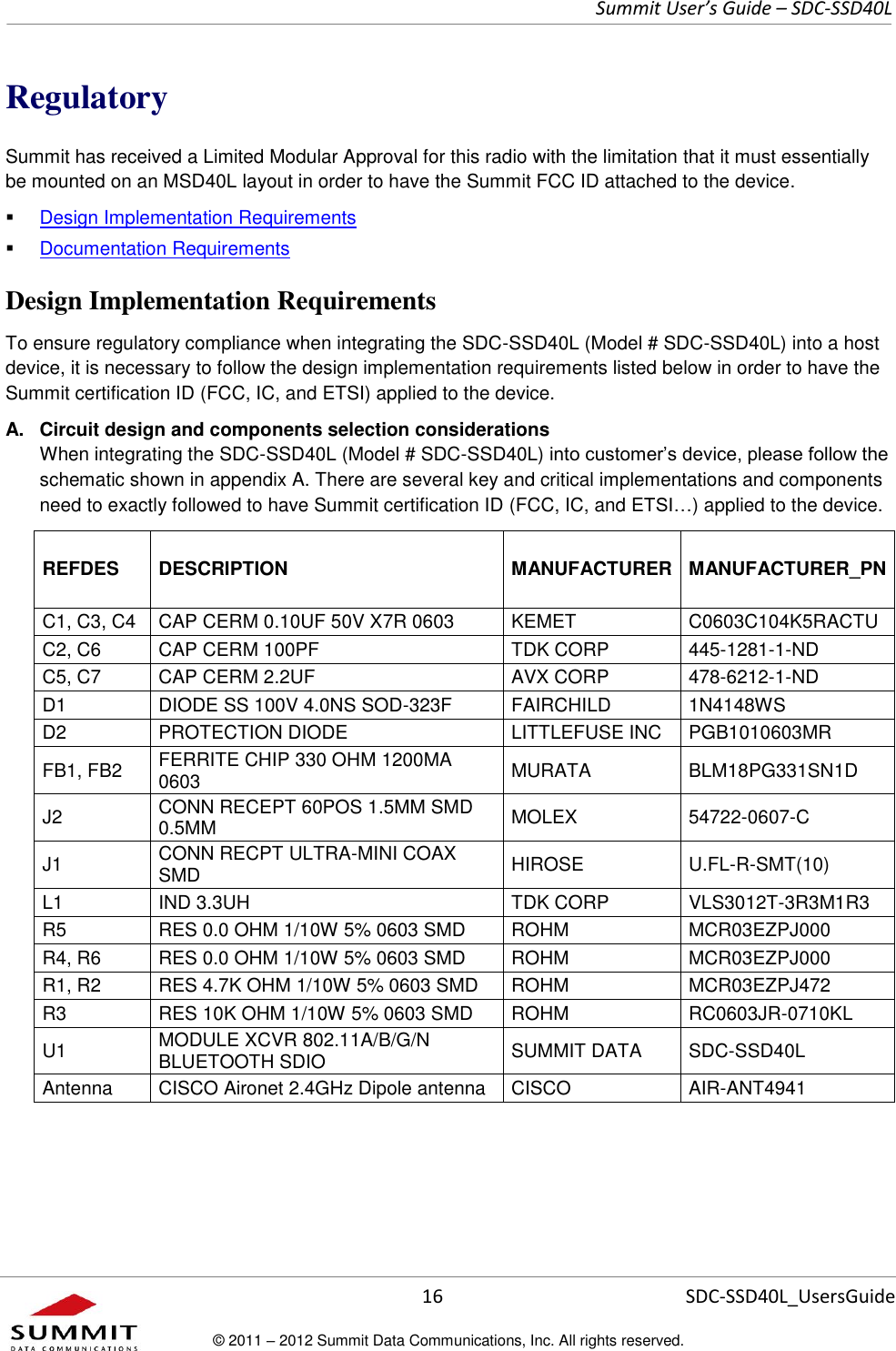     Summit User’s Guide – SDC-SSD40L      16 SDC-SSD40L_UsersGuide © 2011 – 2012 Summit Data Communications, Inc. All rights reserved.  Regulatory Summit has received a Limited Modular Approval for this radio with the limitation that it must essentially be mounted on an MSD40L layout in order to have the Summit FCC ID attached to the device.  Design Implementation Requirements  Documentation Requirements Design Implementation Requirements To ensure regulatory compliance when integrating the SDC-SSD40L (Model # SDC-SSD40L) into a host device, it is necessary to follow the design implementation requirements listed below in order to have the Summit certification ID (FCC, IC, and ETSI) applied to the device.  A.  Circuit design and components selection considerations When integrating the SDC-SSD40L (Model # SDC-SSD40L) into customer’s device, please follow the schematic shown in appendix A. There are several key and critical implementations and components need to exactly followed to have Summit certification ID (FCC, IC, and ETSI…) applied to the device. REFDES DESCRIPTION MANUFACTURER MANUFACTURER_PN C1, C3, C4 CAP CERM 0.10UF 50V X7R 0603 KEMET C0603C104K5RACTU C2, C6 CAP CERM 100PF TDK CORP 445-1281-1-ND C5, C7 CAP CERM 2.2UF AVX CORP 478-6212-1-ND D1 DIODE SS 100V 4.0NS SOD-323F FAIRCHILD 1N4148WS D2 PROTECTION DIODE LITTLEFUSE INC PGB1010603MR FB1, FB2 FERRITE CHIP 330 OHM 1200MA 0603 MURATA BLM18PG331SN1D J2 CONN RECEPT 60POS 1.5MM SMD 0.5MM MOLEX 54722-0607-C J1 CONN RECPT ULTRA-MINI COAX SMD HIROSE U.FL-R-SMT(10) L1 IND 3.3UH TDK CORP VLS3012T-3R3M1R3 R5 RES 0.0 OHM 1/10W 5% 0603 SMD ROHM MCR03EZPJ000 R4, R6 RES 0.0 OHM 1/10W 5% 0603 SMD ROHM MCR03EZPJ000 R1, R2 RES 4.7K OHM 1/10W 5% 0603 SMD ROHM MCR03EZPJ472 R3 RES 10K OHM 1/10W 5% 0603 SMD ROHM RC0603JR-0710KL U1 MODULE XCVR 802.11A/B/G/N BLUETOOTH SDIO SUMMIT DATA SDC-SSD40L Antenna CISCO Aironet 2.4GHz Dipole antenna CISCO AIR-ANT4941    