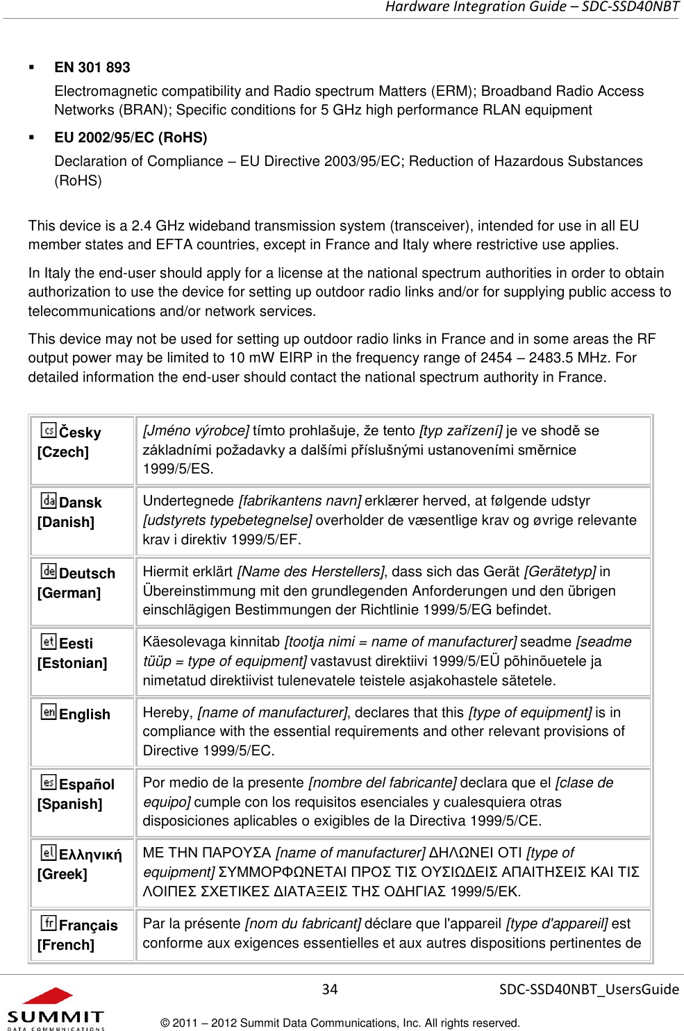     Hardware Integration Guide – SDC-SSD40NBT      34 SDC-SSD40NBT_UsersGuide © 2011 – 2012 Summit Data Communications, Inc. All rights reserved.   EN 301 893 Electromagnetic compatibility and Radio spectrum Matters (ERM); Broadband Radio Access Networks (BRAN); Specific conditions for 5 GHz high performance RLAN equipment  EU 2002/95/EC (RoHS)  Declaration of Compliance – EU Directive 2003/95/EC; Reduction of Hazardous Substances (RoHS) This device is a 2.4 GHz wideband transmission system (transceiver), intended for use in all EU member states and EFTA countries, except in France and Italy where restrictive use applies. In Italy the end-user should apply for a license at the national spectrum authorities in order to obtain authorization to use the device for setting up outdoor radio links and/or for supplying public access to telecommunications and/or network services. This device may not be used for setting up outdoor radio links in France and in some areas the RF output power may be limited to 10 mW EIRP in the frequency range of 2454 – 2483.5 MHz. For detailed information the end-user should contact the national spectrum authority in France.     Česky [Czech] [Jméno výrobce] tímto prohlašuje, že tento [typ zařízení] je ve shodě se základními požadavky a dalšími příslušnými ustanoveními směrnice 1999/5/ES. Dansk [Danish] Undertegnede [fabrikantens navn] erklærer herved, at følgende udstyr [udstyrets typebetegnelse] overholder de væsentlige krav og øvrige relevante krav i direktiv 1999/5/EF. Deutsch [German] Hiermit erklärt [Name des Herstellers], dass sich das Gerät [Gerätetyp] in Übereinstimmung mit den grundlegenden Anforderungen und den übrigen einschlägigen Bestimmungen der Richtlinie 1999/5/EG befindet. Eesti [Estonian] Käesolevaga kinnitab [tootja nimi = name of manufacturer] seadme [seadme tüüp = type of equipment] vastavust direktiivi 1999/5/EÜ põhinõuetele ja nimetatud direktiivist tulenevatele teistele asjakohastele sätetele. English Hereby, [name of manufacturer], declares that this [type of equipment] is in compliance with the essential requirements and other relevant provisions of Directive 1999/5/EC. Español [Spanish] Por medio de la presente [nombre del fabricante] declara que el [clase de equipo] cumple con los requisitos esenciales y cualesquiera otras disposiciones aplicables o exigibles de la Directiva 1999/5/CE. Ελληνική [Greek] ΜΕ ΤΗΝ ΠΑΡΟΥΣΑ [name of manufacturer] ΔΗΛΩΝΕΙ ΟΤΙ [type of equipment] ΣΥΜΜΟΡΦΩΝΕΤΑΙ ΠΡΟΣ ΤΙΣ ΟΥΣΙΩΔΕΙΣ ΑΠΑΙΤΗΣΕΙΣ ΚΑΙ ΤΙΣ ΛΟΙΠΕΣ ΣΧΕΤΙΚΕΣ ΔΙΑΤΑΞΕΙΣ ΤΗΣ ΟΔΗΓΙΑΣ 1999/5/ΕΚ. Français [French] Par la présente [nom du fabricant] déclare que l&apos;appareil [type d&apos;appareil] est conforme aux exigences essentielles et aux autres dispositions pertinentes de 