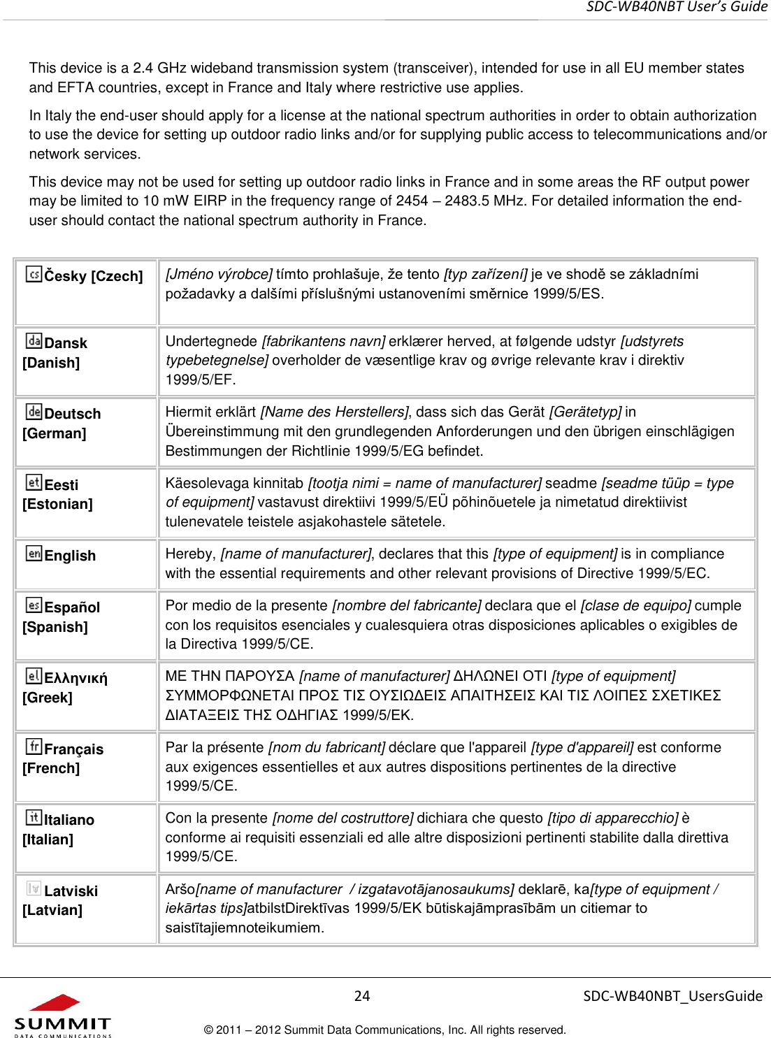     SDC-WB40NBT User’s Guide  24 SDC-WB40NBT_UsersGuide © 2011 – 2012 Summit Data Communications, Inc. All rights reserved.  This device is a 2.4 GHz wideband transmission system (transceiver), intended for use in all EU member states and EFTA countries, except in France and Italy where restrictive use applies. In Italy the end-user should apply for a license at the national spectrum authorities in order to obtain authorization to use the device for setting up outdoor radio links and/or for supplying public access to telecommunications and/or network services. This device may not be used for setting up outdoor radio links in France and in some areas the RF output power may be limited to 10 mW EIRP in the frequency range of 2454 – 2483.5 MHz. For detailed information the end-user should contact the national spectrum authority in France. Česky [Czech] [Jméno výrobce] tímto prohlašuje, že tento [typ zařízení] je ve shodě se základními požadavky a dalšími příslušnými ustanoveními směrnice 1999/5/ES. Dansk [Danish] Undertegnede [fabrikantens navn] erklærer herved, at følgende udstyr [udstyrets typebetegnelse] overholder de væsentlige krav og øvrige relevante krav i direktiv 1999/5/EF. Deutsch [German] Hiermit erklärt [Name des Herstellers], dass sich das Gerät [Gerätetyp] in Übereinstimmung mit den grundlegenden Anforderungen und den übrigen einschlägigen Bestimmungen der Richtlinie 1999/5/EG befindet. Eesti [Estonian] Käesolevaga kinnitab [tootja nimi = name of manufacturer] seadme [seadme tüüp = type of equipment] vastavust direktiivi 1999/5/EÜ põhinõuetele ja nimetatud direktiivist tulenevatele teistele asjakohastele sätetele. English Hereby, [name of manufacturer], declares that this [type of equipment] is in compliance with the essential requirements and other relevant provisions of Directive 1999/5/EC. Español [Spanish] Por medio de la presente [nombre del fabricante] declara que el [clase de equipo] cumple con los requisitos esenciales y cualesquiera otras disposiciones aplicables o exigibles de la Directiva 1999/5/CE. Ελληνική [Greek] ΜΕ ΤΗΝ ΠΑΡΟΥΣΑ [name of manufacturer] ΔΗΛΩΝΕΙ ΟΤΙ [type of equipment] ΣΥΜΜΟΡΦΩΝΕΤΑΙ ΠΡΟΣ ΤΙΣ ΟΥΣΙΩΔΕΙΣ ΑΠΑΙΤΗΣΕΙΣ ΚΑΙ ΤΙΣ ΛΟΙΠΕΣ ΣΧΕΤΙΚΕΣ ΔΙΑΤΑΞΕΙΣ ΤΗΣ ΟΔΗΓΙΑΣ 1999/5/ΕΚ. Français [French] Par la présente [nom du fabricant] déclare que l&apos;appareil [type d&apos;appareil] est conforme aux exigences essentielles et aux autres dispositions pertinentes de la directive 1999/5/CE. Italiano [Italian] Con la presente [nome del costruttore] dichiara che questo [tipo di apparecchio] è conforme ai requisiti essenziali ed alle altre disposizioni pertinenti stabilite dalla direttiva 1999/5/CE. Latviski [Latvian] Aršo[name of manufacturer  / izgatavotājanosaukums] deklarē, ka[type of equipment / iekārtas tips]atbilstDirektīvas 1999/5/EK būtiskajāmprasībām un citiemar to saistītajiemnoteikumiem. 