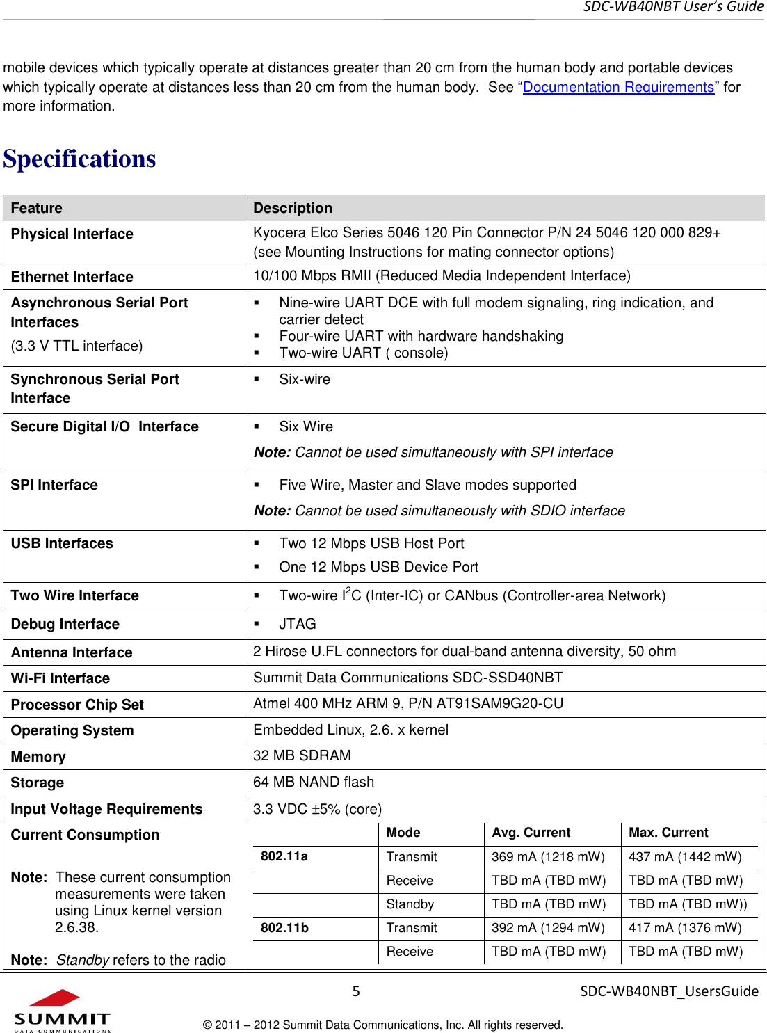     SDC-WB40NBT User’s Guide  5 SDC-WB40NBT_UsersGuide © 2011 – 2012 Summit Data Communications, Inc. All rights reserved.  mobile devices which typically operate at distances greater than 20 cm from the human body and portable devices which typically operate at distances less than 20 cm from the human body.  See “Documentation Requirements” for more information. Specifications Feature Description Physical Interface Kyocera Elco Series 5046 120 Pin Connector P/N 24 5046 120 000 829+ (see Mounting Instructions for mating connector options) Ethernet Interface 10/100 Mbps RMII (Reduced Media Independent Interface) Asynchronous Serial Port Interfaces (3.3 V TTL interface)   Nine-wire UART DCE with full modem signaling, ring indication, and carrier detect   Four-wire UART with hardware handshaking   Two-wire UART ( console) Synchronous Serial Port Interface  Six-wire  Secure Digital I/O  Interface   Six Wire Note: Cannot be used simultaneously with SPI interface SPI Interface   Five Wire, Master and Slave modes supported Note: Cannot be used simultaneously with SDIO interface USB Interfaces   Two 12 Mbps USB Host Port   One 12 Mbps USB Device Port Two Wire Interface   Two-wire I2C (Inter-IC) or CANbus (Controller-area Network) Debug Interface   JTAG Antenna Interface 2 Hirose U.FL connectors for dual-band antenna diversity, 50 ohm Wi-Fi Interface Summit Data Communications SDC-SSD40NBT  Processor Chip Set Atmel 400 MHz ARM 9, P/N AT91SAM9G20-CU Operating System Embedded Linux, 2.6. x kernel Memory  32 MB SDRAM Storage 64 MB NAND flash Input Voltage Requirements 3.3 VDC ±5% (core) Current Consumption  Note:  These current consumption measurements were taken using Linux kernel version 2.6.38.  Note:  Standby refers to the radio  Mode Avg. Current Max. Current 802.11a Transmit 369 mA (1218 mW) 437 mA (1442 mW)  Receive TBD mA (TBD mW) TBD mA (TBD mW)  Standby TBD mA (TBD mW) TBD mA (TBD mW)) 802.11b Transmit 392 mA (1294 mW) 417 mA (1376 mW)  Receive TBD mA (TBD mW) TBD mA (TBD mW) 