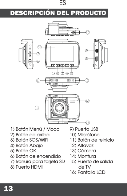 13DESCRIPCIÓN DEL PRODUCTOES1) Botón Menú / Modo2) Botón de arriba3) Botón SOS/WIFI4) Botón Abajo5) Botón OK6) Botón de encendido7) Ranura para tarjeta SD8) Puerto HDMI9) Puerto USB10) Micrófono11) Botón de reinicio12) Altavoz13) Cámara14) Montura15) Puerto de salida de TV16) Pantalla LCD