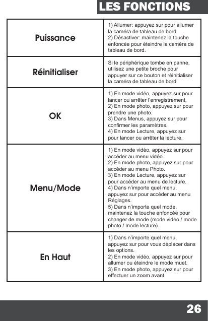 26LES FONCTIONSPuissance1) Allumer: appuyez sur pour allumer la caméra de tableau de bord.2) Désactiver: maintenez la touche enfoncée pour éteindre la caméra de tableau de bord.RéinitialiserSi le périphérique tombe en panne, utilisez une petite broche pour appuyer sur ce bouton et réinitialiser la caméra de tableau de bord.OK1) En mode vidéo, appuyez sur pour lancer ou arrêter l’enregistrement.2) En mode photo, appuyez sur pour prendre une photo.3) Dans Menus, appuyez sur pour conrmer les paramètres.4) En mode Lecture, appuyez sur pour lancer ou arrêter la lecture.Menu/Mode1) En mode vidéo, appuyez sur pour accéder au menu vidéo.2) En mode photo, appuyez sur pour accéder au menu Photo.3) En mode Lecture, appuyez sur pour accéder au menu de lecture.4) Dans n’importe quel menu, appuyez sur pour accéder au menu Réglages.5) Dans n’importe quel mode, maintenez la touche enfoncée pour changer de mode (mode vidéo / mode photo / mode lecture).En Haut1) Dans n’importe quel menu, appuyez sur pour vous déplacer dans les options.2) En mode vidéo, appuyez sur pour allumer ou éteindre le mode muet.3) En mode photo, appuyez sur pour effectuer un zoom avant.