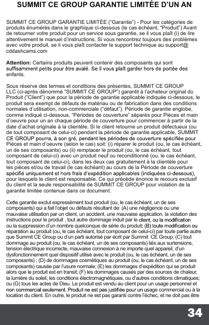 34SUMMIT CE GROUP GARANTIE LIMITÉE D’UN ANSUMMIT CE GROUP GARANTIE LIMITÉE (“Garantie”) - Pour les catégories de produits énumérés dans le graphique ci-dessous (le cas échéant, “Produit”) Avant de retourner votre produit pour un service sous garantie, se il vous plaît (i) de lire attentivement le manuel d’instructions. Si vous rencontrez toujours des problèmes avec votre produit, se il vous plaît contacter le support technique au support@cddashcams.comAttention: Certains produits peuvent contenir des composants qui sont enfants. Sous réserve des termes et conditions des présentes, SUMMIT CE GROUP LLC (ci-après dénommé “SUMMIT CE GROUP”) garantit à l’acheteur original du Produit (“Client”) que pour la période de garantie applicable indiquée ci-dessous, le produit sera exempt de défauts de matériau ou de fabrication dans des conditions normales d’utilisation, non-commerciale (“défaut”). Période de garantie englobe, comme indiqué ci-dessous, “Périodes de couverture” séparés pour Pièces et main d’oeuvre pour un an chaque période de couverture pour commencer à partir de la date d’achat originale à la clientèle. Si le client retourne un produit défectueux (ou de tout composant de celui-ci) pendant la période de garantie applicable, SUMMIT Pièces et main d’oeuvre (selon le cas) soit: (i) réparer le produit (ou, le cas échéant, un de ses composants) ou (ii) remplacer le produit (ou, le cas échéant, tout composant de celui-ci) avec un produit neuf ou reconditionné (ou, le cas échéant, tout composant de celui-ci), dans les deux cas gratuitement à la clientèle pour les pièces et/ou de travail (le cas échéant) au cours de la Période de couverture pour lesquels le client est responsable. Ce qui précède énonce le recours exclusif du client et la seule responsabilité de SUMMIT CE GROUP pour violation de la garantie limitée contenue dans ce document. Cette garantie exclut expressément tout produit (ou, le cas échéant, un de ses composants) qui a fait l’objet ou défauts résultant de: (A) une négligence ou une mauvaise utilisation par un client, un accident, une mauvaise application, la violation des instructions pour le produit , tout autre dommage induit par leou la suppression d’un nombre quelconque de série du produit; (réparation au produit (ou, le cas échéant, tout composant de celui-ci) par toute partie autre que Summit CE Group ou d’un parti autorisé par écrit par Summit  CE Group; (C) tout dommage au produit (ou, le cas échéant, un de ses composants) liés aux surtensions, tension électrique incorrecte, mauvaise connexion à ne importe quel appareil, d’un dysfonctionnement quel dispositif utilisé avec le produit (ou, le cas échéant, un de ses composants) ; (D) de dommages cosmétiques au produit (ou, le cas échéant, un de ses composants) causée par l’usure normale; (E) les dommages d’expédition qui se produit alors que le produit est en transit; (F) les dommages causés par des sources de chaleur, la lumière du soleil, les conditions électromagnétiques, ou d’autres conditions climatiques; ou (G)   tous les actes de Dieu. Le produit est vendu au client pour un usage personnel et sage commercial ou à la location du client. En outre, le produit ne est pas garanti contre l’échec, et ne doit pas être 