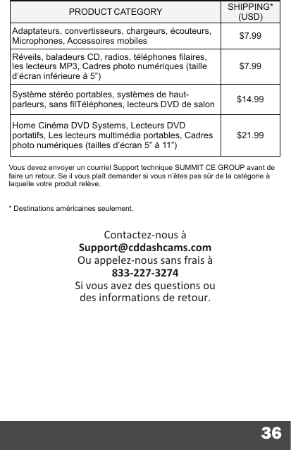 36PRODUCT CATEGORY SHIPPING* (USD)Adaptateurs, convertisseurs, chargeurs, écouteurs, Microphones, Accessoires mobiles $7.99Réveils, baladeurs CD, radios, téléphones laires, les lecteurs MP3, Cadres photo numériques (taille d’écran inférieure à 5”) $7.99Système stéréo portables, systèmes de haut-parleurs, sans lTéléphones, lecteurs DVD de salon $14.99Home Cinéma DVD Systems, Lecteurs DVD portatifs, Les lecteurs multimédia portables, Cadres photo numériques (tailles d’écran 5” à 11”) $21.99Vous devez envoyer un courriel Support technique SUMMIT CE GROUP avant de faire un retour. Se il vous plaît demander si vous n’êtes pas sûr de la catégorie à laquelle votre produit relève.* Destinations américaines seulement.Contactez-nous àSupport@cddashcams.comOu appelez-nous sans frais à833-227-3274Si vous avez des questions ou des informations de retour.