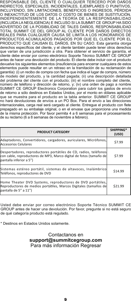 9RESPONSABLE DEL  CLIENTE  O CUALQUIER TERCERO POR DAÑOS INDIRECTOS, ESPECIALES, INCIDENTALES, EJEMPLARES O PUNITIVOS, INCLUYENDO, SIN LIMITACIONES, BENEFICIOS O INGRESOS, PÉRDIDA O INEXACTITUD DE LOS DATOS O COSTO DE BIENES DE SUSTITUCIÓN, INDEPENDIENTEMENTE  DE  LA TEORÍA  DE  LA  RESPONSABILIDAD (INCLUIDA LA NEGLIGENCIA) E INCLUSO SI LA SUMMIT CE GROUP HA SIDO ADVERTIDO DE LA POSIBILIDAD DE TALES DAÑOS, RESPONSABILIDAD TOTAL  SUMMIT CE DEL  GROUP AL CLIENTE  POR DAÑOS DIRECTOS REALES PARA CUALQUIER CAUSA SE LIMITA A LOS HONORARIOS DE PRODUCTOS ACUMULADOS PAGADOS POR QUE EL CLIENTE POR EL PRODUCTO QUE CAUSAN EL DAÑOS, EN SU CASO. Esta garantía otorga derechos especícos del cliente, y el cliente también puede tener otros derechos que varían de una jurisdicción a otra. Para obtener el servicio de garantía, el cliente debe enviar por correo electrónico Soporte Técnico SUMMIT CE GROUP antes de hacer una devolución del producto. El cliente debe incluir con el producto devuelve los siguientes elementos (insuciencia para encerrar cualquiera de estos elementos puede resultar en un retraso en la tramitación de su reclamación de garantía): (i) un recibo de compra con fecha que indica el lugar de compra, número de modelo del producto, y la cantidad pagada; (ii) una descripción detallada del problema del cliente con el producto; (iii) el nombre completo del cliente, número de teléfono y dirección de retorno, y; (iv) una orden de pago a nombre SUMMIT CE GROUP Electronics Corporation para cubrir los gastos de envío de retorno a sólo destinos en Estados Unidos, por el monto en dólares aplicable que se muestra para el producto en la tabla anterior. SUMMIT CE GROUP no hará devoluciones de envíos a un PO Box. Para el envío a las direcciones internacionales, carga real será cargado al cliente. Entregue el producto con ete prepagado en su embalaje original, o en el envase que proporciona una medida de la misma protección. Por favor permita 4 a 6 semanas para el procesamiento de su reclamo (6 a 8 semanas de noviembre a febrero).PRODUCT CATEGORY SHIPPING* (USD)Adaptadores, Convertidores, cargadores, auriculares, Micrófonos, Accesorios Celulares $7.99Despertadores, reproductores portátiles de CD, radios, teléfonos con cable, reproductores de MP3, Marco digital de fotos (tamaño de pantalla inferior a 5”)$7.99Sistemas estéreo portátil, sistemas de altavoces, Inalámbrico Teléfonos, reproductores de DVD $14.99Home Theater DVD Systems, reproductores de DVD portátiles, Reproductores  de medios portáles,  Marcos Digitales (tamaños de pantalla de 5” a 11”)$21.99Usted debe enviar por correo electrónico Soporte Técnico SUMMIT CE GROUP antes de hacer una devolución. Por favor, pregunte si no está seguro de qué categoría producto está regulado.* Destinos en Estados Unidos solamente.Contactanos en support@summitcegroup.com Para más información Regresar