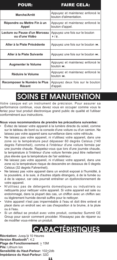 11POUR: FAIRE CELA:Marche/Arrêt Appuyez et maintenez enfoncé le bouton d&apos;alimentation.Répondre ou Mettre Fin à un AppelAppuyez et maintenez enfoncé le bouton d&apos;appel.Lecture ou Pause d&apos;un Morceau ou d&apos;une VidéoAppuyez une fois sur le bouton 4/;.Aller à la Piste Précédente Appuyez une fois sur le bouton 9.Aller à la Piste Suivante Appuyez une fois sur le bouton :.Augmenter le Volume Appuyez et maintenez enfoncé le bouton :.Réduire le Volume Appuyez et maintenez enfoncé le bouton 9.Recomposer le Numéro le Plus RécentAppuyez deux fois sur le  bouton d&apos;appel.SOINS ET MANUTENTIONVotre  casque  est  un  instrument  de  précision.  Pour  assurer  sa performance continue, vous devez  vous en occuper comme  vous le feriez pour tout produit électronique grand public de qualité et l&apos;utiliser conformément aux instructions. Nous vous recommandons de prendre les précautions suivantes:•  Évitez de laisser votre appareil à la lumière directe du soleil, comme sur le tableau de bord ou la console d&apos;une voiture ou d&apos;un camion. Ne laissez pas votre appareil sans surveillance dans votre véhicule.•  Ne laissez pas votre appareil, ni n&apos;utilisez votre appareil, dans une zone où la température peut  dépasser  60  degrés  Celsius  (140 degrés Fahrenheit), comme à l&apos;intérieur d&apos;une voiture fermée par une journée chaude. Rappelez-vous que lors d&apos;une journée chaude, la température à l&apos;intérieur d&apos;une voiture fermée peut être nettement plus élevée que la température de l&apos;air extérieur.•  Ne laissez pas votre appareil, ni n&apos;utilisez votre appareil, dans une zone où la température risque de descendre en dessous de 0 degrés Celsius (32 degrés Fahrenheit).•  Ne laissez pas votre appareil dans un endroit exposé à l&apos;humidité, à la poussière, à la suie, à d&apos;autres objets étrangers, à de la fumée ou à de la vapeur, car cela pourrait entraîner un dysfonctionnement de votre appareil.•  N&apos;utilisez  pas  de  détergents  domestiques  ou  industriels  ou nettoyants pour nettoyer votre appareil. Si votre appareil est sale ou endommagé, dans la plupart des cas, un chion avec un chion sec ou légèrement humide devrait sure pour le nettoyer.•  Votre appareil n&apos;est pas imperméable à l&apos;eau et doit être enlevé et placé dans un endroit sec en cas d&apos;exposition à la bruine, à la pluie ou à l&apos;eau.•  Si un défaut se  produit avec votre produit, contactez Summit  CE Group pour savoir comment procéder. N&apos;essayez pas de réparer ou de modier vous-même un produit.CARACTÉRISTIQUESRécréation: Jusqu&apos;à 10 HeuresVersion Bluetooth®: 4.2Plage de Fonctionnement: &gt; 15MPile: Lithium IonSensibilité du Haut-Parleur: 102+2dbImpédance du Haut-Parleur: 32Ω