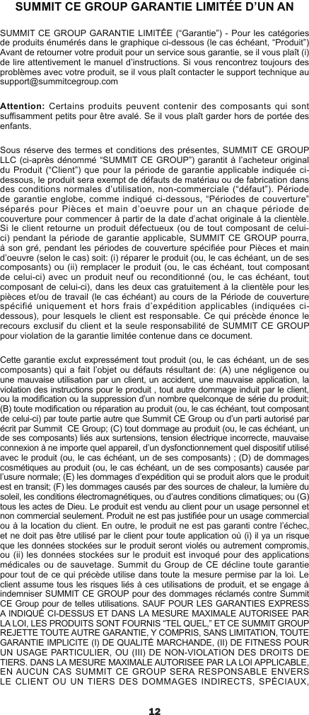 1312SUMMIT CE GROUP GARANTIE LIMITÉE D’UN ANSUMMIT CE GROUP GARANTIE LIMITÉE (“Garantie”) - Pour les catégories de produits énumérés dans le graphique ci-dessous (le cas échéant, “Produit”) Avant de retourner votre produit pour un service sous garantie, se il vous plaît (i) de lire attentivement le manuel d’instructions. Si vous rencontrez toujours des problèmes avec votre produit, se il vous plaît contacter le support technique au support@summitcegroup.comAttention: Certains produits peuvent contenir des composants qui sont susamment petits pour être avalé. Se il vous plaît garder hors de portée des enfants.Sous réserve des termes et conditions des présentes, SUMMIT CE GROUP LLC (ci-après dénommé “SUMMIT CE GROUP”) garantit à l’acheteur original du Produit (“Client”) que pour la période de  garantie applicable indiquée ci-dessous, le produit sera exempt de défauts de matériau ou de fabrication dans des conditions normales d’utilisation,  non-commerciale (“défaut”). Période de garantie englobe, comme indiqué ci-dessous, “Périodes de couverture” séparés  pour  Pièces  et  main  d’oeuvre  pour  un  an  chaque  période de couverture pour commencer à partir de la date d’achat originale à la clientèle. Si le client retourne un produit  défectueux (ou de  tout composant de celui-ci) pendant la période de garantie applicable, SUMMIT CE GROUP pourra, à son gré, pendant les périodes de couverture spéciée pour Pièces et main d’oeuvre (selon le cas) soit: (i) réparer le produit (ou, le cas échéant, un de ses composants) ou (ii) remplacer le produit (ou, le cas échéant, tout composant de celui-ci) avec un produit neuf ou reconditionné (ou,  le cas échéant,  tout composant de celui-ci), dans les deux cas gratuitement à la clientèle pour les pièces et/ou de travail (le cas échéant) au cours de la Période de couverture spécifié uniquement et hors frais d’expédition applicables (indiquées ci-dessous), pour lesquels le client est responsable. Ce qui précède énonce le recours exclusif du client et la seule responsabilité de SUMMIT CE GROUP pour violation de la garantie limitée contenue dans ce document.Cette garantie exclut expressément tout produit (ou, le cas échéant, un de ses composants) qui a fait l’objet ou défauts résultant de: (A) une négligence ou une mauvaise utilisation par un client, un accident, une mauvaise application, la violation des instructions pour le produit , tout autre dommage induit par le client, ou la modication ou la suppression d’un nombre quelconque de série du produit; (B) toute modication ou réparation au produit (ou, le cas échéant, tout composant de celui-ci) par toute partie autre que Summit CE Group ou d’un parti autorisé par écrit par Summit  CE Group; (C) tout dommage au produit (ou, le cas échéant, un de ses composants) liés aux surtensions, tension électrique incorrecte, mauvaise connexion à ne importe quel appareil, d’un dysfonctionnement quel dispositif utilisé avec le produit (ou, le cas échéant, un de ses composants) ; (D) de dommages cosmétiques au produit (ou, le cas échéant, un de ses composants) causée par l’usure normale; (E) les dommages d’expédition qui se produit alors que le produit est en transit; (F) les dommages causés par des sources de chaleur, la lumière du soleil, les conditions électromagnétiques, ou d’autres conditions climatiques; ou (G)   tous les actes de Dieu. Le produit est vendu au client pour un usage personnel et non commercial seulement. Produit ne est pas justiée pour un usage commercial ou à la location du client. En outre, le produit ne est pas garanti contre l’échec, et ne doit pas être utilisé par le client pour toute application où (i) il ya un risque que les données stockées sur le produit seront violés ou autrement compromis, ou (ii) les données stockées sur le produit est invoqué pour des applications médicales ou de sauvetage. Summit du Group de CE décline toute garantie pour tout de ce qui précède utilise dans toute la mesure permise par la loi. Le client assume tous les risques liés à ces utilisations de produit, et se engage à indemniser SUMMIT CE GROUP pour des dommages réclamés contre Summit CE Group pour de telles utilisations. SAUF POUR LES GARANTIES EXPRESS A INDIQUÉ CI-DESSUS ET DANS LA MESURE MAXIMALE AUTORISEE PAR LA LOI, LES PRODUITS SONT FOURNIS “TEL QUEL,” ET CE SUMMIT GROUP REJETTE TOUTE AUTRE GARANTIE, Y COMPRIS, SANS LIMITATION, TOUTE GARANTIE IMPLICITE (I) DE QUALITÉ MARCHANDE, (II) DE FITNESS POUR UN USAGE PARTICULIER, OU (III) DE NON-VIOLATION DES DROITS DE TIERS. DANS LA MESURE MAXIMALE AUTORISEE PAR LA LOI APPLICABLE, EN AUCUN  CAS  SUMMIT CE GROUP SERA RESPONSABLE ENVERS LE CLIENT OU UN TIERS DES DOMMAGES INDIRECTS, SPÉCIAUX, 