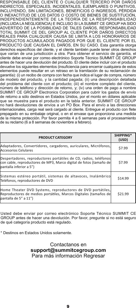 9RESPONSABLE DEL CLIENTE O CUALQUIER TERCERO POR DAÑOS INDIRECTOS, ESPECIALES, INCIDENTALES, EJEMPLARES O PUNITIVOS, INCLUYENDO, SIN LIMITACIONES, BENEFICIOS O INGRESOS, PÉRDIDA O INEXACTITUD DE LOS DATOS O COSTO DE BIENES DE SUSTITUCIÓN, INDEPENDIENTEMENTE DE LA TEORÍA DE LA RESPONSABILIDAD (INCLUIDA LA NEGLIGENCIA) E INCLUSO SI LA SUMMIT CE GROUP HA SIDO ADVERTIDO DE LA POSIBILIDAD DE TALES DAÑOS, RESPONSABILIDAD TOTAL SUMMIT CE DEL GROUP AL CLIENTE POR DAÑOS DIRECTOS REALES PARA CUALQUIER CAUSA SE LIMITA A LOS HONORARIOS DE PRODUCTOS ACUMULADOS PAGADOS POR QUE EL CLIENTE POR EL PRODUCTO QUE CAUSAN EL DAÑOS, EN SU CASO. Esta garantía otorga derechos especícos del cliente, y el cliente también puede tener otros derechos que varían de una jurisdicción a otra. Para obtener el servicio de garantía, el cliente debe enviar por correo electrónico Soporte Técnico SUMMIT CE GROUP antes de hacer una devolución del producto. El cliente debe incluir con el producto devuelve los siguientes elementos (insuciencia para encerrar cualquiera de estos elementos puede resultar en un retraso en la tramitación de su reclamación de garantía): (i) un recibo de compra con fecha que indica el lugar de compra, número de modelo del producto, y la cantidad pagada; (ii) una descripción detallada del problema del cliente con el producto; (iii) el nombre completo del cliente, número de teléfono y dirección de retorno, y; (iv) una orden de pago a nombre SUMMIT CE GROUP Electronics Corporation para cubrir los gastos de envío de retorno a sólo destinos en Estados Unidos, por el monto en dólares aplicable que se muestra para el producto en la tabla anterior. SUMMIT CE GROUP no hará devoluciones de envíos a un PO Box. Para el envío a las direcciones internacionales, carga real será cargado al cliente. Entregue el producto con ete prepagado en su embalaje original, o en el envase que proporciona una medida de la misma protección. Por favor permita 4 a 6 semanas para el procesamiento de su reclamo (6 a 8 semanas de noviembre a febrero).PRODUCT CATEGORY SHIPPING* (USD)Adaptadores, Convertidores, cargadores, auriculares, Micrófonos, Accesorios Celulares $7.99Despertadores, reproductores portátiles de CD, radios, teléfonos con cable, reproductores de MP3, Marco digital de fotos (tamaño de pantalla inferior a 5”)$7.99Sistemas estéreo portátil, sistemas de altavoces, Inalámbrico Teléfonos, reproductores de DVD $14.99Home Theater DVD Systems, reproductores de DVD portátiles, Reproductores  de medios portáles,  Marcos Digitales (tamaños de pantalla de 5” a 11”)$21.99Usted debe enviar por correo electrónico Soporte Técnico SUMMIT CE GROUP antes de hacer una devolución. Por favor, pregunte si no está seguro de qué categoría producto está regulado.* Destinos en Estados Unidos solamente.Contactanos en support@summitcegroup.com Para más información Regresar
