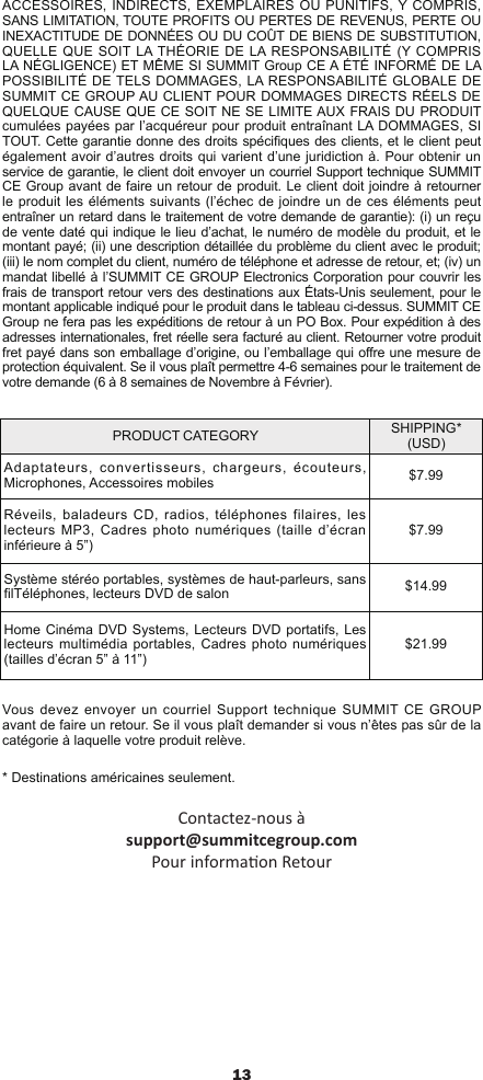 13ACCESSOIRES, INDIRECTS, EXEMPLAIRES OU PUNITIFS, Y COMPRIS, SANS LIMITATION, TOUTE PROFITS OU PERTES DE REVENUS, PERTE OU INEXACTITUDE DE DONNÉES OU DU COÛT DE BIENS DE SUBSTITUTION, QUELLE QUE SOIT LA THÉORIE DE LA RESPONSABILITÉ (Y COMPRIS LA NÉGLIGENCE) ET MÊME SI SUMMIT Group CE A ÉTÉ INFORMÉ DE LA POSSIBILITÉ DE TELS DOMMAGES, LA RESPONSABILITÉ GLOBALE DE SUMMIT CE GROUP AU CLIENT POUR DOMMAGES DIRECTS RÉELS DE QUELQUE CAUSE QUE CE SOIT NE SE LIMITE AUX FRAIS DU PRODUIT cumulées payées par l’acquéreur pour produit entraînant LA DOMMAGES, SI TOUT. Cette garantie donne des droits spéciques des clients, et le client peut également avoir d’autres droits qui varient d’une juridiction à. Pour obtenir un service de garantie, le client doit envoyer un courriel Support technique SUMMIT CE Group avant de faire un retour de produit. Le client doit joindre à retourner le produit les éléments suivants (l’échec de joindre un de ces éléments peut entraîner un retard dans le traitement de votre demande de garantie): (i) un reçu de vente daté qui indique le lieu d’achat, le numéro de modèle du produit, et le montant payé; (ii) une description détaillée du problème du client avec le produit; (iii) le nom complet du client, numéro de téléphone et adresse de retour, et; (iv) un mandat libellé à l’SUMMIT CE GROUP Electronics Corporation pour couvrir les frais de transport retour vers des destinations aux États-Unis seulement, pour le montant applicable indiqué pour le produit dans le tableau ci-dessus. SUMMIT CE Group ne fera pas les expéditions de retour à un PO Box. Pour expédition à des adresses internationales, fret réelle sera facturé au client. Retourner votre produit fret payé dans son emballage d’origine, ou l’emballage qui ore une mesure de protection équivalent. Se il vous plaît permettre 4-6 semaines pour le traitement de votre demande (6 à 8 semaines de Novembre à Février).PRODUCT CATEGORY SHIPPING* (USD)Adaptateurs, convertisseurs, chargeurs, écouteurs, Microphones, Accessoires mobiles $7.99Réveils, baladeurs CD, radios, téléphones filaires, les lecteurs  MP3, Cadres photo numériques (taille d’écran inférieure à 5”)$7.99Système stéréo portables, systèmes de haut-parleurs, sans lTéléphones, lecteurs DVD de salon $14.99Home Cinéma DVD Systems, Lecteurs DVD portatifs, Les lecteurs multimédia portables, Cadres photo numériques (tailles d’écran 5” à 11”)$21.99Vous devez envoyer un courriel Support technique SUMMIT CE GROUP avant de faire un retour. Se il vous plaît demander si vous n’êtes pas sûr de la catégorie à laquelle votre produit relève.* Destinations américaines seulement.Contactez-nous à support@summitcegroup.com Pour informaon Retour