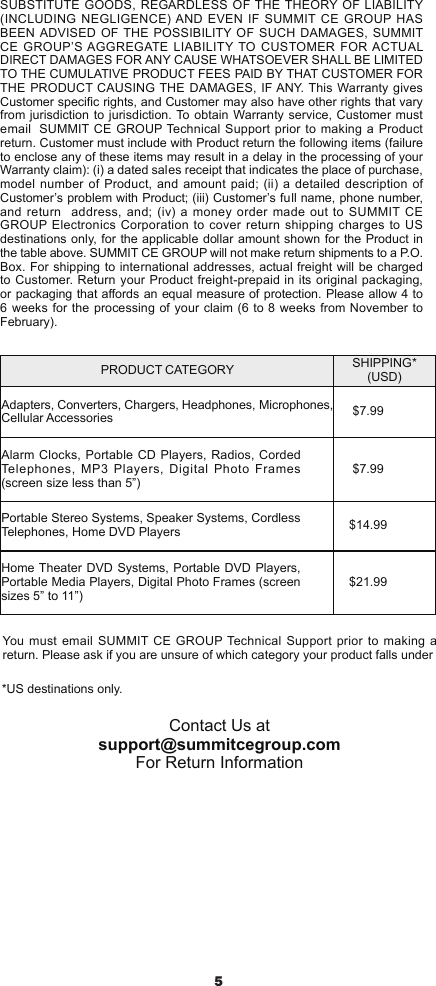5SUBSTITUTE GOODS, REGARDLESS OF THE THEORY OF LIABILITY (INCLUDING NEGLIGENCE) AND EVEN IF SUMMIT CE GROUP HAS BEEN ADVISED OF THE POSSIBILITY OF SUCH DAMAGES, SUMMIT CE GROUP’S AGGREGATE LIABILITY TO CUSTOMER FOR ACTUAL DIRECT DAMAGES FOR ANY CAUSE WHATSOEVER SHALL BE LIMITED TO THE CUMULATIVE PRODUCT FEES PAID BY THAT CUSTOMER FOR THE PRODUCT CAUSING THE DAMAGES, IF ANY. This Warranty gives Customer specic rights, and Customer may also have other rights that vary from jurisdiction to jurisdiction. To obtain Warranty service, Customer must email  SUMMIT CE GROUP Technical Support prior to making a Product return. Customer must include with Product return the following items (failure to enclose any of these items may result in a delay in the processing of your Warranty claim): (i) a dated sales receipt that indicates the place of purchase, model number of Product, and amount paid; (ii) a detailed description of Customer’s problem with Product; (iii) Customer’s full name, phone number, and return  address, and; (iv) a money order made out to SUMMIT CE GROUP Electronics Corporation to cover return shipping charges to US destinations only, for the applicable dollar amount shown for the Product in the table above. SUMMIT CE GROUP will not make return shipments to a P.O. Box. For shipping to international addresses, actual freight will be charged to Customer. Return your Product freight-prepaid in its original packaging, or packaging that aords an equal measure of protection. Please allow 4 to 6 weeks for the processing of your claim (6 to 8 weeks from November to February).PRODUCT CATEGORY SHIPPING* (USD)Adapters, Converters, Chargers, Headphones, Microphones, Cellular Accessories $7.99Alarm Clocks, Portable CD Players, Radios, Corded Telephones,  MP3  Players,  Digital Photo Frames (screen size less than 5”)$7.99Portable Stereo Systems, Speaker Systems, Cordless Telephones, Home DVD Players $14.99Home Theater DVD Systems, Portable DVD Players, Portable Media Players, Digital Photo Frames (screen sizes 5” to 11”)$21.99 You must email SUMMIT CE GROUP Technical Support prior to making a return. Please ask if you are unsure of which category your product falls under*US destinations only.Contact Us at support@summitcegroup.com For Return Information