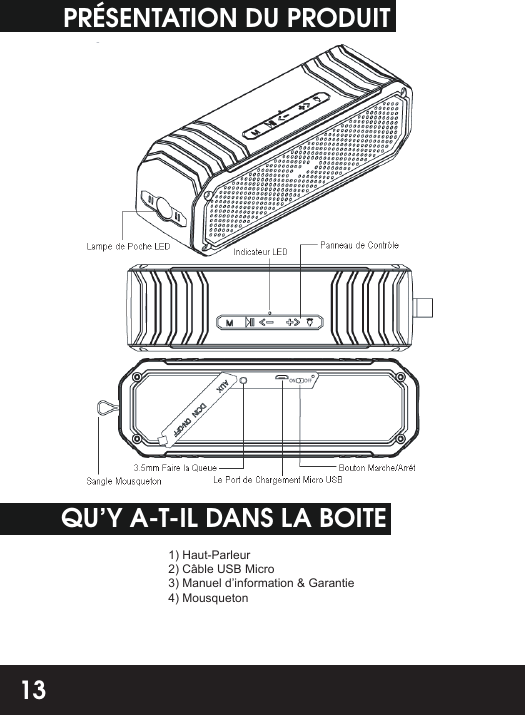 PRÉSENTATION DU PRODUITQU’Y A-T-IL DANS LA BOITE1) Haut-Parleur2) Câble USB Micro3) Manuel d’information &amp; Garantie4) Mousqueton13