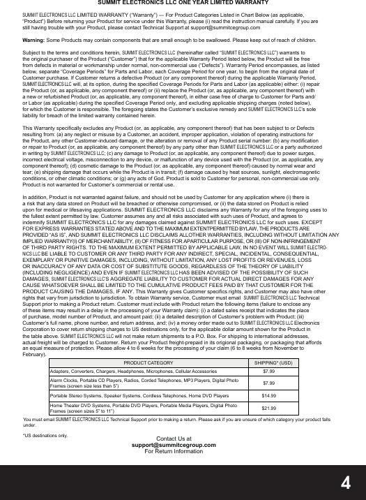 4SUMMIT ELECTRONICS LLC LIMITED WARRANTY (“Warranty”) ― For Product Categories Listed in Chart Below (as applicable, “Product”) Before returning your Product for service under this Warranty, please (i) read the instruction manual carefully. If you are still having trouble with your Product, please contact Technical Support at support@summitcegroup.comWarning: Some Products may contain components that are small enough to be swallowed. Please keep out of reach of children.Subject to the terms and conditions herein, SUMMIT ELECTRONICS LLC (hereinafter called “SUMMIT ELECTRONICS LLC”) warrants to the original purchaser of the Product (“Customer”) that for the applicable Warranty Period listed below, the Product will be free  from defects in material or workmanship under normal, non-commercial use (“Defects”). Warranty Period encompasses, as listed below, separate “Coverage Periods” for Parts and Labor, each Coverage Period for one year, to begin from the original date of Customer purchase. If Customer returns a defective Product (or any component thereof) during the applicable Warranty Period, SUMMIT ELECTRONICS LLC  will, at its option, during the specified Coverage Periods for Parts and Labor (as applicable) either: (i) repair the Product (or, as applicable, any component thereof) or (ii) replace the Product (or, as applicable, any component thereof) with a new or refurbished Product (or, as applicable, any component thereof), in either case free of charge to Customer for Parts and/or Labor (as applicable) during the specified Coverage Period only, and excluding applicable shipping charges (noted below), for which the Customer is responsible. The foregoing states the Customer’s exclusive remedy and SUMMIT ELECTRONICS LLC’s sole liability for breach of the limited warranty contained herein.This Warranty specifically excludes any Product (or, as applicable, any component thereof) that has been subject to or Defects resulting from: (a) any neglect or misuse by a Customer, an accident, improper application, violation of operating instructions for the Product, any other Customer-induced damage, or the alteration or removal of any Product serial number: (b) any modificationor repair to Product (or, as applicable, any component thereof) by any party other than SUMMIT ELECTRONICS LLC or a party authorized in writing by SUMMIT ELECTRONICS LLC; (c) any damage to Product (or, as applicable, any component thereof) due to power surges, incorrect electrical voltage, misconnection to any device, or malfunction of any device used with the Product (or, as applicable, any component thereof); (d) cosmetic damage to the Product (or, as applicable, any component thereof) caused by normal wear and tear; (e) shipping damage that occurs while the Product is in transit; (f) damage caused by heat sources, sunlight, electromagnetic conditions, or other climatic conditions; or (g) any acts of God. Product is sold to Customer for personal, non-commercial use only. Product is not warranted for Customer’s commercial or rental use. In addition, Product is not warranted against failure, and should not be used by Customer for any application where (i) there is a risk that any data stored on Product will be breached or otherwise compromised, or (ii) the data stored on Product is relied upon for medical or lifesaving applications. SUMMIT ELECTRONICS LLC disclaims any Warranty for any of the foregoing uses to the fullest extent permitted by law. Customer assumes any and all risks associated with such uses of Product, and agrees to indemnify SUMMIT ELECTRONICS LLC for any damages claimed against SUMMIT ELECTRONICS LLC for such uses. EXCEPT FOR EXPRESS WARRANTIES STATED ABOVE AND TO THE MAXIMUM EXTENTPERMITTED BYLAW, THE PRODUCTS ARE PROVIDED “AS IS”, AND SUMMIT ELECTRONICS LLC DISCLAIMS ALLOTHER WARRANTIES, INCLUDING WITHOUT LIMITATION ANY IMPLIED WARRANTY(I) OF MERCHANTABILITY, (II) OF FITNESS FOR APARTICULAR PURPOSE, OR (III) OF NON-INFRINGEMENT OF THIRD PARTY RIGHTS. TO THE MAXIMUM EXTENT PERMITTED BY APPLICABLE LAW, IN NO EVENT WILLSUMMIT ELECTRO-NICS LLC BE LIABLE TO CUSTOMER OR ANY THIRD PARTY FOR ANY INDIRECT, SPECIAL, INCIDENTAL, CONSEQUENTIAL, EXEMPLARY OR PUNITIVE DAMAGES, INCLUDING, WITHOUT LIMITATION, ANY LOST PROFITS OR REVENUES, LOSS OR INACCURACY OF ANY DATA OR COST OF SUBSTITUTE GOODS, REGARDLESS OF THE THEORY OF LIABILITY (INCLUDING NEGLIGENCE) AND EVEN IF SUMMIT ELECTRONICS LLC HAS BEEN ADVISED OF THE POSSIBILITY OF SUCH DAMAGES, SUMMIT ELECTRONICS LLC’S AGGREGATE LIABILITY TO CUSTOMER FOR ACTUAL DIRECT DAMAGES FOR ANY CAUSE WHATSOEVER SHALL BE LIMITED TO THE CUMULATIVE PRODUCT FEES PAID BY THAT CUSTOMER FOR THE PRODUCT CAUSING THE DAMAGES, IF ANY. This Warranty gives Customer specifics rights, and Customer may also have other rights that vary from jurisdiction to jurisdiction. To obtain Warranty service, Customer must email SUMMIT ELECTRONICS LLC Technical Support prior to making a Product return. Customer must include with Product return the following items (failure to enclose any of these items may result in a delay in the processing of your Warranty claim): (i) a dated sales receipt that indicates the place of purchase, model number of Product, and amount paid; (ii) a detailed description of Customer’s problem with Product; (iii) Customer’s full name, phone number, and return address, and; (iv) a money order made out to SUMMIT ELECTRONICS LLC Electronics Corporation to cover return shipping charges to US destinations only, for the applicable dollar amount shown for the Product in the table above. SUMMIT ELECTRONICS LLC will not make return shipments to a P.O. Box. For shipping to international addresses, actual freight will be charged to Customer. Return your Product freight-prepaid in its origional packaging, or packaging that affords an equal measure of protection. Please allow 4 to 6 weeks for the processing of your claim (6 to 8 weeks from November to February).SUMMIT ELECTRONICS LLC ONE YEAR LIMITED WARRANTY   PRODUCT CATEGORY SHIPPING* (USD)Adapters, Converters, Chargers, Headphones, Microphones, Cellular Accessories $7.99Alarm Clocks, Portable CD Players, Radios, Corded Telephones, MP3 Players, Digital Photo Frames (screen size less than 5”) $7.99Portable Stereo Systems, Speaker Systems, Cordless Telephones, Home DVD Players $14.99Home Theater DVD Systems, Portable DVD Players, Portable Media Players, Digital Photo Frames (screen sizes 5” to 11”) $21.99You must email SUMMIT ELECTRONICS LLC Technical Support prior to making a return. Please ask if you are unsure of which category your product falls under. *US destinations only. Contact Us at support@summitcegroup.com For Return Information