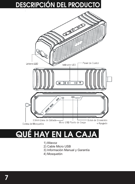 DESCRIPCIÓN DEL PRODUCTOQUÉ HAY EN LA CAJA1) Altavoz2) Cable Micro USB3) Información Manual y Garantía4) Mosquetón7