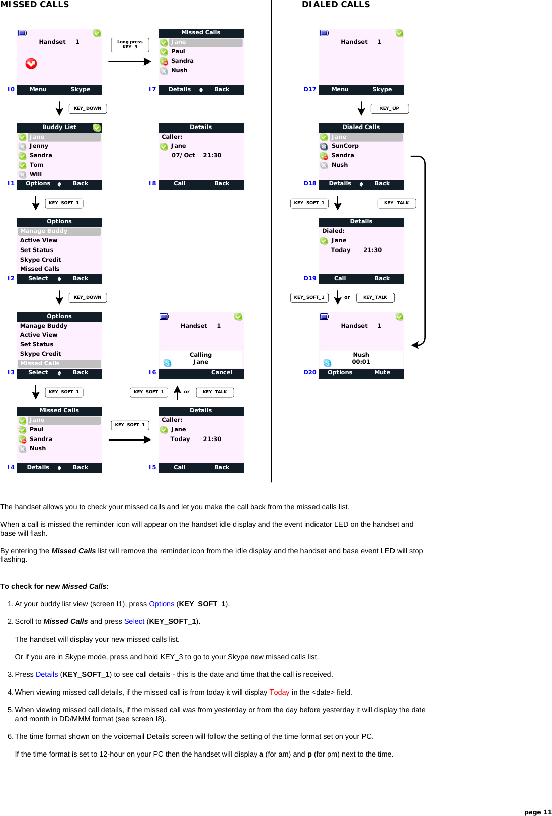 I0I1KEY_DOWNKEY_SOFT_1Options BackJaneBuddy ListSandraWillTomJennyDetails BackJaneMissed CallsSandraPaulI4NushI5Menu SkypeHandset     1Call BackCaller:DetailsTodayCancelHandset     1I6KEY_SOFT_1 or KEY_TALKThe handset allows you to check your missed calls and let you make the call back from the missed calls list.When a call is missed the reminder icon will appear on the handset idle display and the event indicator LED on the handset andbase will flash.By entering the Missed Calls list will remove the reminder icon from the idle display and the handset and base event LED will stopflashing.To check for new Missed Calls:1. At your buddy list view (screen I1), press Options (KEY_SOFT_1).2. Scroll to Missed Calls and press Select (KEY_SOFT_1).The handset will display your new missed calls list.Or if you are in Skype mode, press and hold KEY_3 to go to your Skype new missed calls list.3. Press Details (KEY_SOFT_1) to see call details - this is the date and time that the call is received.4. When viewing missed call details, if the missed call is from today it will display Today in the &lt;date&gt; field.5. When viewing missed call details, if the missed call was from yesterday or from the day before yesterday it will display the dateand month in DD/MMM format (see screen I8).6. The time format shown on the voicemail Details screen will follow the setting of the time format set on your PC.If the time format is set to 12-hour on your PC then the handset will display a (for am) and p (for pm) next to the time.I8MISSED CALLSI3I2KEY_SOFT_1Jane21:30Call BackCaller:Details     07/OctJane21:30page 11KEY_DOWNSelect BackManage BuddyOptionsActive ViewSkype CreditMissed CallsSet StatusSelect BackManage BuddyOptionsActive ViewSkype CreditMissed CallsSet StatusCallingJaneLong pressKEY_3KEY_SOFT_1Details BackJaneMissed CallsSandraPaulI7NushD19KEY_SOFT_1Options MuteHandset     1D20KEY_SOFT_1 or KEY_TALKKEY_TALKMenu SkypeHandset     1D17KEY_UPD18 Details BackJaneDialed CallsSandraNushSunCorpDIALED CALLSCall BackDialed:DetailsTodayJane21:30Nush00:01