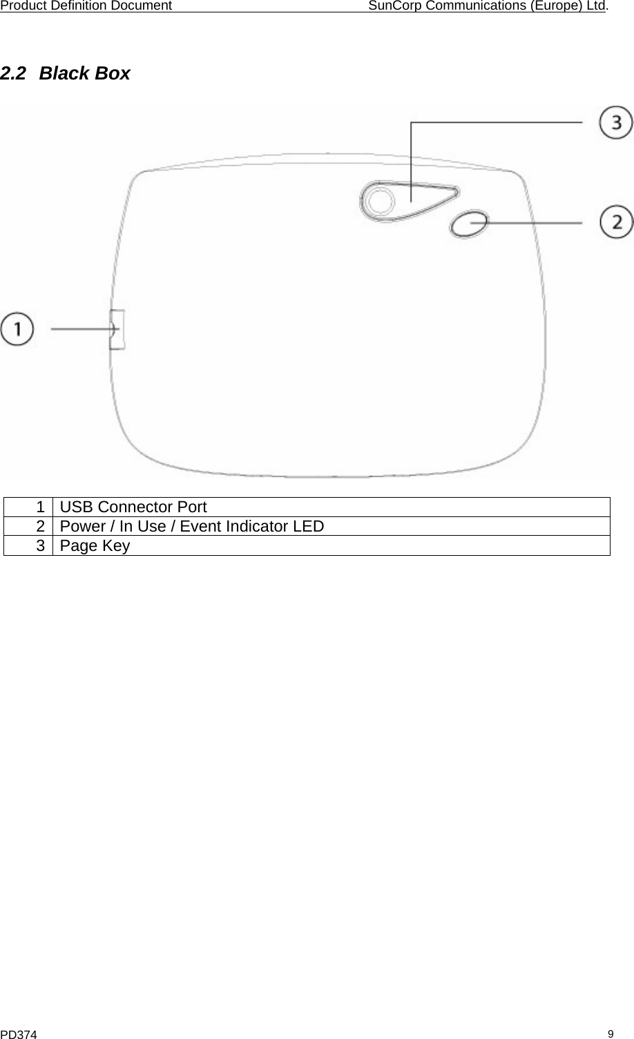 Product Definition Document    SunCorp Communications (Europe) Ltd. PD374  92.2 Black Box    1  USB Connector Port  2  Power / In Use / Event Indicator LED 3 Page Key   