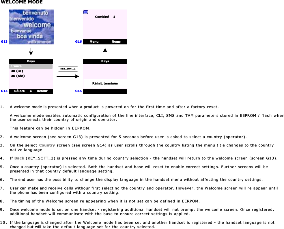 WELCOME MODEG13G14 Sélect. RetourUK (BT)UK (Abc)PaysFranceG15Réinit. terminéePaysMenu NomsCombiné     1G16KEY_SOFT_11. A welcome mode is presented when a product is powered on for the first time and after a factory reset.A welcome mode enables automatic configuration of the line interface, CLI, SMS and TAM parameters stored in EEPROM / flash whenthe user selects their country of origin and operator.This feature can be hidden in EEPROM.2. A welcome screen (see screen G13) is presented for 5 seconds before user is asked to select a country (operator).3. On the select Country screen (see screen G14) as user scrolls through the country listing the menu title changes to the countrynative language.4. If Back (KEY_SOFT_2) is pressed any time during country selection - the handset will return to the welcome screen (screen G13).5. Once a country (operator) is selected. Both the handset and base will reset to enable correct settings. Further screens will bepresented in that country default language setting.6. The end user has the possibility to change the display language in the handset menu without affecting the country settings.7. User can make and receive calls withour first selecting the country and operator. However, the Welcome screen will re appear untilthe phone has been configured with a country setting.8. The timing of the Welcome screen re appearing when it is not set can be defined in EERPOM.9. Once welcome mode is set on one handset - registering additional handset will not prompt the welcome screen. Once registered,additional handset will communicate with the base to ensure correct settings is applied.10 . If the language is changed after the Welcome mode has been set and another handset is registered - the handset language is notchanged but will take the default language set for the country selected.