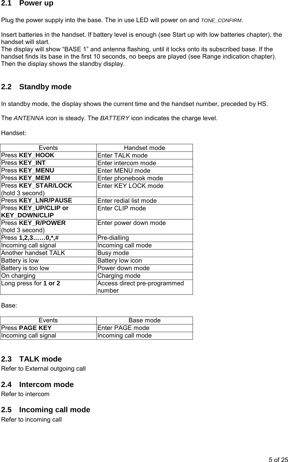 2.1 Power up  Plug the power supply into the base. The in use LED will power on and TONE_CONFIRM.  Insert batteries in the handset. If battery level is enough (see Start up with low batteries chapter), the handset will start. The display will show “BASE 1” and antenna flashing, until it locks onto its subscribed base. If the handset finds its base in the first 10 seconds, no beeps are played (see Range indication chapter). Then the display shows the standby display.  2.2 Standby mode  In standby mode, the display shows the current time and the handset number, preceded by HS.  The ANTENNA icon is steady. The BATTERY icon indicates the charge level.   Handset:  Events Handset mode Press KEY_HOOK  Enter TALK mode Press KEY_INT  Enter intercom mode Press KEY_MENU Enter MENU mode Press KEY_MEM Enter phonebook mode Press KEY_STAR/LOCK (hold 3 second) Enter KEY LOCK mode Press KEY_LNR/PAUSE Enter redial list mode Press KEY_UP/CLIP or KEY_DOWN/CLIP Enter CLIP mode  Press KEY_R/POWER (hold 3 second) Enter power down mode Press 1,2,3……0,*,# Pre-dialling Incoming call signal  Incoming call mode Another handset TALK  Busy mode Battery is low  Battery low icon  Battery is too low  Power down mode On charging  Charging mode Long press for 1 or 2 Access direct pre-programmed number  Base:  Events Base mode Press PAGE KEY  Enter PAGE mode Incoming call signal Incoming call mode  2.3 TALK mode Refer to External outgoing call 2.4 Intercom mode Refer to intercom 2.5  Incoming call mode Refer to incoming call 5 of 25 