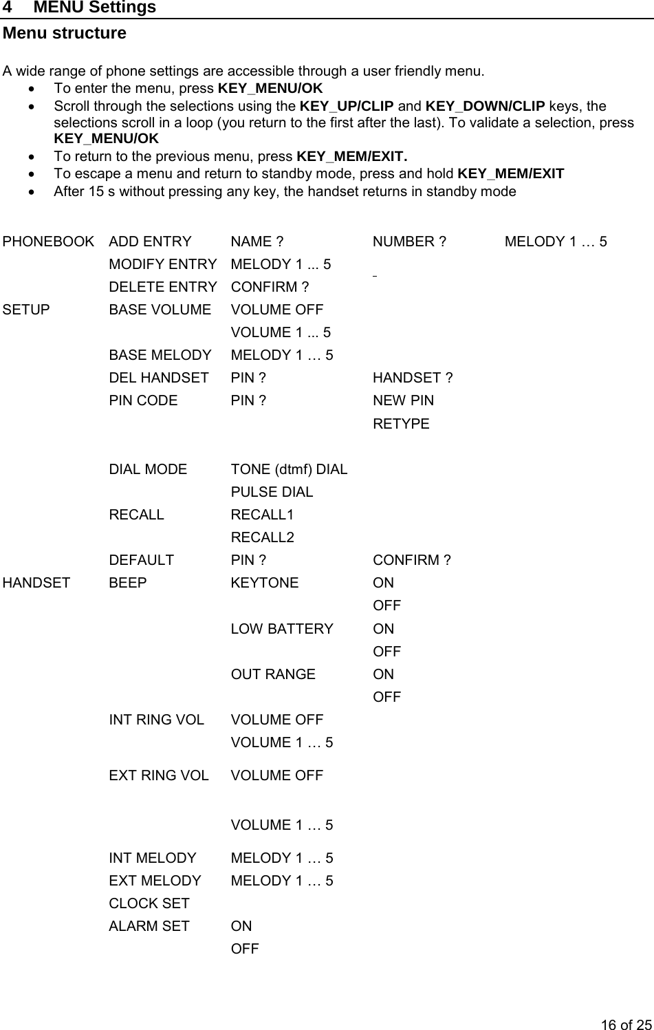 4 MENU Settings Menu structure  A wide range of phone settings are accessible through a user friendly menu. •  To enter the menu, press KEY_MENU/OK •  Scroll through the selections using the KEY_UP/CLIP and KEY_DOWN/CLIP keys, the selections scroll in a loop (you return to the first after the last). To validate a selection, press KEY_MENU/OK •  To return to the previous menu, press KEY_MEM/EXIT. •  To escape a menu and return to standby mode, press and hold KEY_MEM/EXIT •  After 15 s without pressing any key, the handset returns in standby mode  PHONEBOOK  ADD ENTRY  NAME ?  NUMBER ?  MELODY 1 … 5     MODIFY ENTRY  MELODY 1 ... 5         DELETE ENTRY  CONFIRM ?     SETUP  BASE VOLUME  VOLUME OFF            VOLUME 1 ... 5         BASE MELODY  MELODY 1 … 5         DEL HANDSET  PIN ?  HANDSET ?       PIN CODE  PIN ?  NEW PIN         RETYPE             DIAL MODE   TONE (dtmf) DIAL         PULSE DIAL       RECALL RECALL1        RECALL2       DEFAULT  PIN ?  CONFIRM ?     HANDSET BEEP  KEYTONE  ON         OFF     LOW BATTERY ON       OFF     OUT RANGE ON       OFF     INT RING VOL  VOLUME OFF           VOLUME 1 … 5       EXT RING VOL  VOLUME OFF             VOLUME 1 … 5       INT MELODY  MELODY 1 … 5         EXT MELODY  MELODY 1 … 5        CLOCK SET         ALARM SET ON         OFF     16 of 25 