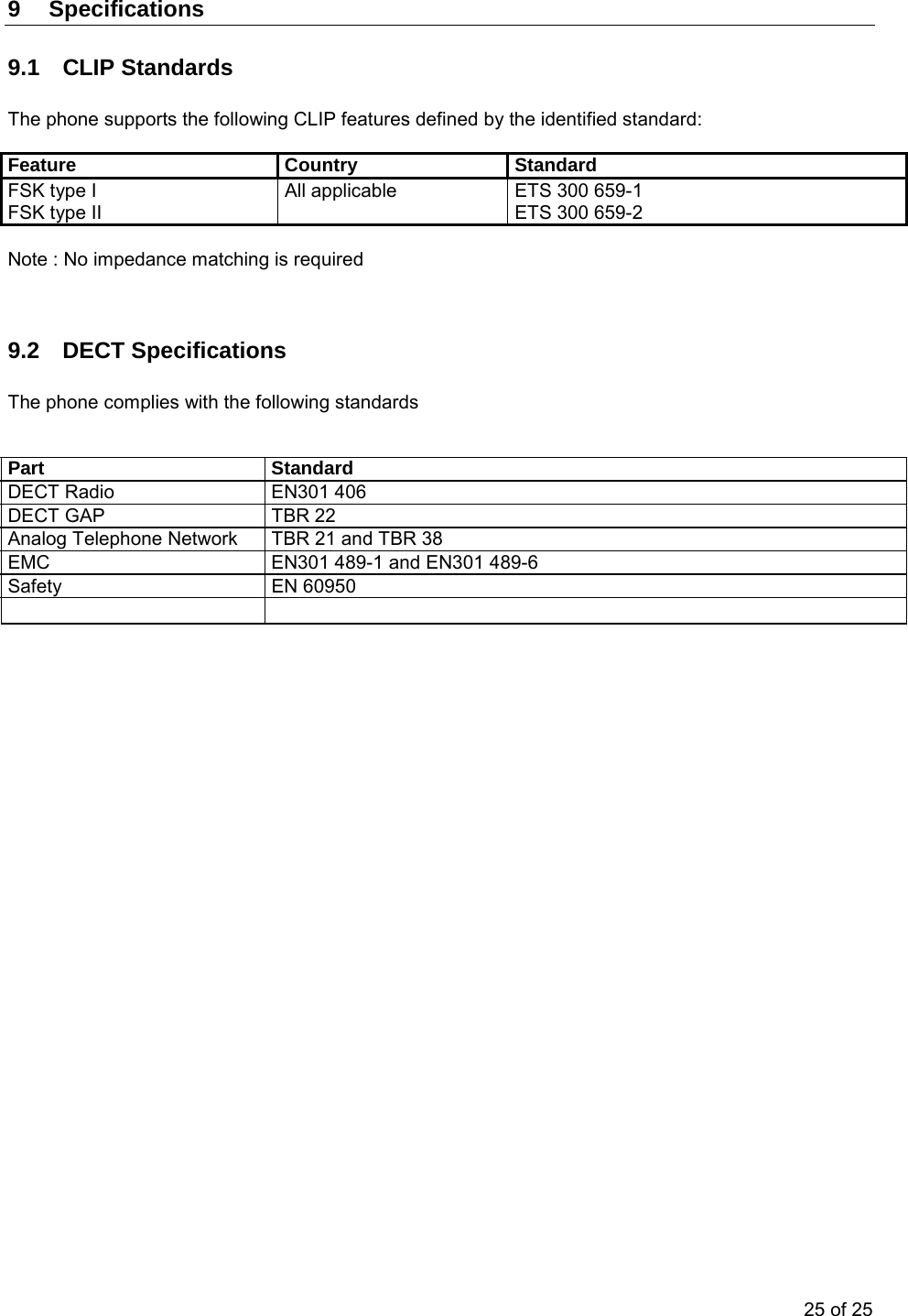   9 Specifications 9.1  CLIP Standards   The phone supports the following CLIP features defined by the identified standard:  Feature Country Standard FSK type I    All applicable  ETS 300 659-1   FSK type II    ETS 300 659-2   Note : No impedance matching is required   9.2 DECT Specifications  The phone complies with the following standards    Part Standard DECT Radio  EN301 406 DECT GAP  TBR 22 Analog Telephone Network  TBR 21 and TBR 38 EMC  EN301 489-1 and EN301 489-6 Safety EN 60950     25 of 25 