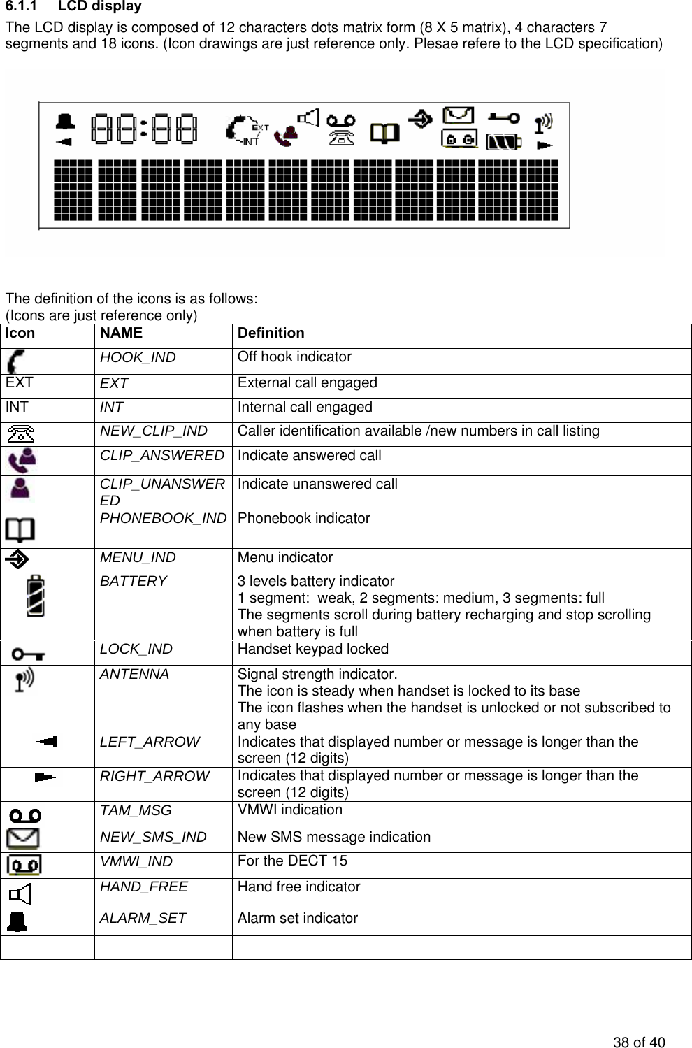 6.1.1 LCD display  The LCD display is composed of 12 characters dots matrix form (8 X 5 matrix), 4 characters 7 segments and 18 icons. (Icon drawings are just reference only. Plesae refere to the LCD specification)                               The definition of the icons is as follows: (Icons are just reference only) Icon NAME  Definition  HOOK_IND  Off hook indicator EXT  EXT  External call engaged INT  INT  Internal call engaged  NEW_CLIP_IND  Caller identification available /new numbers in call listing  CLIP_ANSWERED  Indicate answered call  CLIP_UNANSWERED  Indicate unanswered call  PHONEBOOK_IND  Phonebook indicator  MENU_IND  Menu indicator        BATTERY  3 levels battery indicator 1 segment:  weak, 2 segments: medium, 3 segments: full The segments scroll during battery recharging and stop scrolling when battery is full  LOCK_IND  Handset keypad locked  ANTENNA  Signal strength indicator. The icon is steady when handset is locked to its base The icon flashes when the handset is unlocked or not subscribed to any base  LEFT_ARROW  Indicates that displayed number or message is longer than the screen (12 digits)  RIGHT_ARROW  Indicates that displayed number or message is longer than the screen (12 digits)  TAM_MSG  VMWI indication  NEW_SMS_IND  New SMS message indication  VMWI_IND  For the DECT 15  HAND_FREE  Hand free indicator  ALARM_SET  Alarm set indicator                                                                  38 of 40 