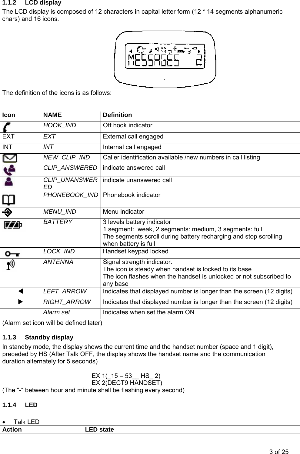 1.1.2 LCD display The LCD display is composed of 12 characters in capital letter form (12 * 14 segments alphanumeric chars) and 16 icons.                                                                    The definition of the icons is as follows:   Icon NAME  Definition  HOOK_IND  Off hook indicator EXT  EXT  External call engaged INT  INT  Internal call engaged  NEW_CLIP_IND  Caller identification available /new numbers in call listing  CLIP_ANSWERED  indicate answered call  CLIP_UNANSWERED  indicate unanswered call  PHONEBOOK_IND  Phonebook indicator  MENU_IND  Menu indicator  BATTERY  3 levels battery indicator 1 segment:  weak, 2 segments: medium, 3 segments: full The segments scroll during battery recharging and stop scrolling when battery is full  LOCK_IND  Handset keypad locked  ANTENNA  Signal strength indicator. The icon is steady when handset is locked to its base The icon flashes when the handset is unlocked or not subscribed to any base W LEFT_ARROW  Indicates that displayed number is longer than the screen (12 digits) X RIGHT_ARROW  Indicates that displayed number is longer than the screen (12 digits)  Alarm set  Indicates when set the alarm ON (Alarm set icon will be defined later) 1.1.3 Standby display In standby mode, the display shows the current time and the handset number (space and 1 digit), preceded by HS (After Talk OFF, the display shows the handset name and the communication duration alternately for 5 seconds)  EX 1(_15 – 53__ HS_ 2)   EX 2(DECT9 HANDSET) (The “-“ between hour and minute shall be flashing every second)    1.1.4 LED  • Talk LED Action LED state 3 of 25 
