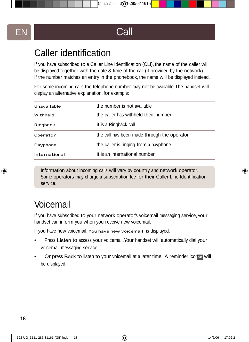 7471 – hilips DEB) –1 14.06.06CT522–3111-285-31161-EN CallCaller identiﬁcation If you have subscribed to a Caller Line Identiﬁcation (CLI), the name of the caller will be displayed together with the date &amp; time of the call (if provided by the network). If the number matches an entry in the phonebook, the name will be displayed instead.  For some incoming calls the telephone number may not be available.The handset will display an alternative explanation, forexample:Unavailable thenumberisnotavailable Withheld the caller has withheld their number  Ringback it is a Ringback call Operator the call has been made through the operator Payphone the caller is ringing from a payphone International it is an international number Information about incomingcallswillvarybycountryandnetworkoperator. Some operators may charge a subscription fee for their Caller Line Identiﬁcation service. Voicemail  If you have subscribed to your network operator’s voicemail messaging service, your handset can inform you when you receive new voicemail. If you have new voicemail, You have new voicemail  is displayed. •   Press Listen to access your voicemail.Your handset will automatically dial your voicemail messaging service. •   Or press Back to listen to your voicemail at a later time. A reminder icon will be displayed. 18522-UG_3111-285-31161-(GB).indd    18 14/6/06   17:02:2 