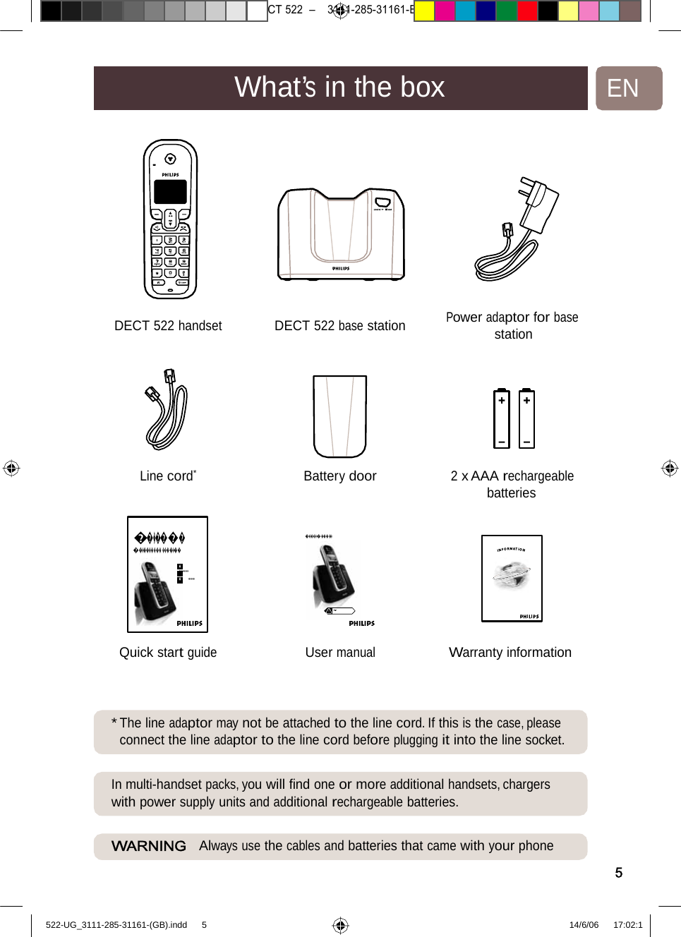 7471 – hilips DEB) –1 14.06.06CT522–3111-285-31161-What’sinthe boxENDECT 522 handset DECT522basestationPoweradaptor for base station Linecord* Batterydoor2x AAA rechargeable batteries ������� ����������������� �����������������������������������  ����������� �   ������� �   �������Quick start guide UsermanualWarrantyinformation * The lineadaptor may not beattachedtothelinecord.Ifthisisthecase, please connect the line adaptor to the line cord before plugging it into the line socket. In multi-handset packs, you willﬁndoneormoreadditionalhandsets,chargers with power supply units and additional rechargeable batteries. WARNING  Always use thecablesandbatteriesthatcamewithyour phone5522-UG_3111-285-31161-(GB).indd    5 14/6/06   17:02:1 