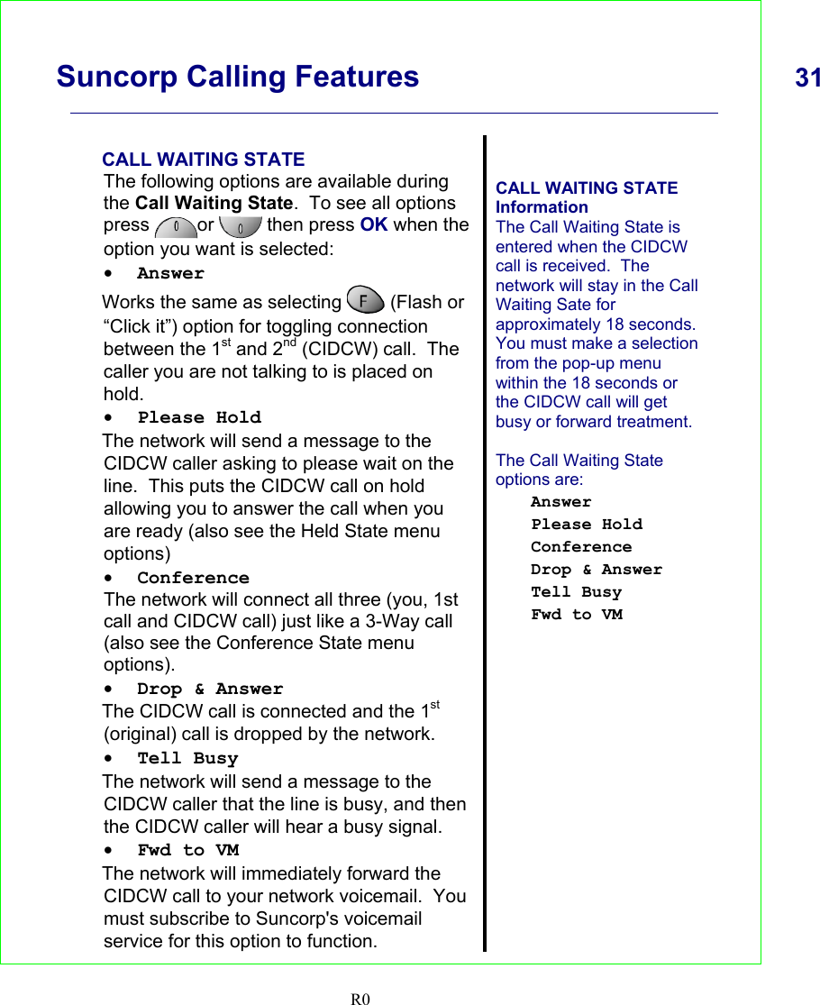      Suncorp Calling Features  31    R0   CALL WAITING STATE The following options are available during the Call Waiting State.  To see all options press  or   then press OK when the option you want is selected:  • Answer Works the same as selecting   (Flash or “Click it”) option for toggling connection between the 1st and 2nd (CIDCW) call.  The caller you are not talking to is placed on hold. • Please Hold The network will send a message to the CIDCW caller asking to please wait on the line.  This puts the CIDCW call on hold allowing you to answer the call when you are ready (also see the Held State menu options) • Conference The network will connect all three (you, 1st call and CIDCW call) just like a 3-Way call (also see the Conference State menu options). • Drop &amp; Answer The CIDCW call is connected and the 1st (original) call is dropped by the network. • Tell Busy The network will send a message to the CIDCW caller that the line is busy, and then the CIDCW caller will hear a busy signal. • Fwd to VM The network will immediately forward the CIDCW call to your network voicemail.  You must subscribe to Suncorp&apos;s voicemail service for this option to function.   CALL WAITING STATE Information The Call Waiting State is entered when the CIDCW call is received.  The network will stay in the Call Waiting Sate for approximately 18 seconds.  You must make a selection from the pop-up menu within the 18 seconds or the CIDCW call will get busy or forward treatment.  The Call Waiting State options are: Answer Please Hold Conference Drop &amp; Answer Tell Busy Fwd to VM      