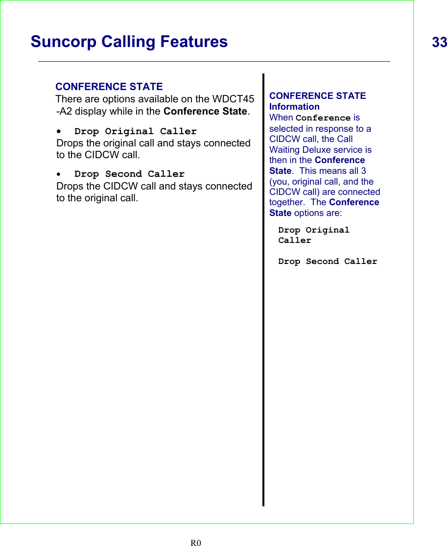      Suncorp Calling Features  33    R0   CONFERENCE STATE There are options available on the WDCT45 -A2 display while in the Conference State.  • Drop Original Caller Drops the original call and stays connected to the CIDCW call.  • Drop Second Caller Drops the CIDCW call and stays connected to the original call.      CONFERENCE STATE Information When Conference is selected in response to a CIDCW call, the Call Waiting Deluxe service is then in the Conference State.  This means all 3 (you, original call, and the CIDCW call) are connected together.  The Conference State options are:  Drop Original Caller  Drop Second Caller      