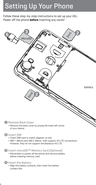 4Sim1batteryMicroSDSim2Setting Up Your PhoneFollow these step-by-step instructions to set up your A5L.  Power oﬀ the phone before inserting any cards!Remove Back Cover•  Remove the back cover by prying the lower left corner of your device.Insert microSD™ Memory Card (Optional)•  Remember to power off the phone and remove battery before inserting memory card.Insert SIM•  Orient SIM card to match diagram on slot.•  SIM 1 (Micro) and SIM 2 (Nano)  both support 4G LTE connections. However, they do not support simultaneous 4G LTE. Insert the Battery•  Align the battery contacts, then insert the battery contact-ﬁrst. 13322246