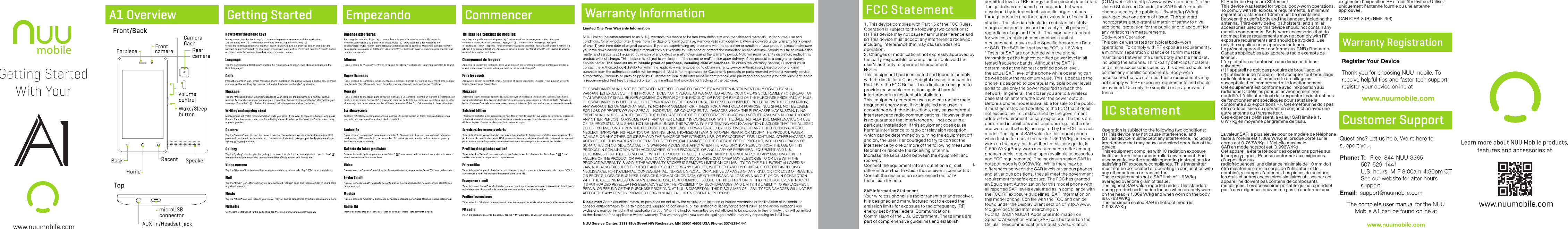 Operation is subject to the following two conditions:(1) This device may not cause interference, and(2) This device must accept any interference, including interference that may cause undesired operation of the device.This equipment complies with IC radiation exposure limits set forth for an uncontrolled environment. End user must follow the specific operating instructions for satisfying RF exposure compliance. This transmitter must not be co-located or operating in conjunction with any other antenna or transmitter.These requirements set a SAR limit of 1.6 W/kg averaged over one gram of tissue.The highest SAR value reported under. This standard during product certification for use when properly worn on the head is 1.369 W/kg and when worn on the body is 0.763 W/Kg.The maximum scaled SAR in hotspot mode is 0.993 W/KgIC Radiation Exposure Statement This device was tested for typical body-worn operations. To comply with RF exposure requirements, a minimum separation distance of 10mm must be maintained between the user’s body and the handset, including the antenna. Third-party belt-clips,holsters, and similar accessories used by this device should not contain any metallic components. Body-worn accessories that do not meet these requirements may not comply with RF exposure requirements and should be avoided. Use only the supplied or an approved antenna.Le présent appareil est conforme aux CNR d'Industrie Canada applicables aux appareils radio exempts de licence.L'exploitation est autorisée aux deux conditions suivantes :(1) l'appareil ne doit pas produire de brouillage, et(2) l'utilisateur de l'appareil doit accepter tout brouillage radioélectrique subi, même si le brouillage est susceptible d'en compromettre le fonctionnement.Cet équipement est conforme avec l'exposition aux radiations IC définies pour un environnement non contrôlé. L'utilisateur final doit respecter les instructions de fonctionnement spécifiques pour satisfaire la conformité aux expositions RF. Cet émetteur ne doit pas être co-localisées ou opérant en conjonction avec une autre antenne ou transmetteur.Ces exigences définissent la valeur SAR limite à 1,6 W / kg en moyenne par gramme de tissu.La valeur SAR la plus élevée pour ce modèle de téléphone testé à l'oreille est 1.369 W/Kg et lorsque porté sur le corps est 0.763W/Kg. L'échelle maximale SAR en mode hotspot est 0.993W/KgCet appareil a été testé pour des opérations portés sur le corps typiques. Pour se conformer aux exigences d'exposition auxradiofréquences, une distance minimale de 10 mm doit être maintenue entre le corps de l'utilisateur et le combiné, y compris l'antenne. Les pinces de ceinture, les étuis et autres accessoires similaires utilisés par cet appareil ne doivent pas contenir de composants métalliques. Les accessoires portatifs qui ne répondent pas à ces exigences peuvent ne pas se conformer aux exigences d'exposition RF et doit être évitée. Utilisez uniquement l'antenne fournie ou une antenne approuvée.CAN ICES-3 (B)/NMB-3(B)