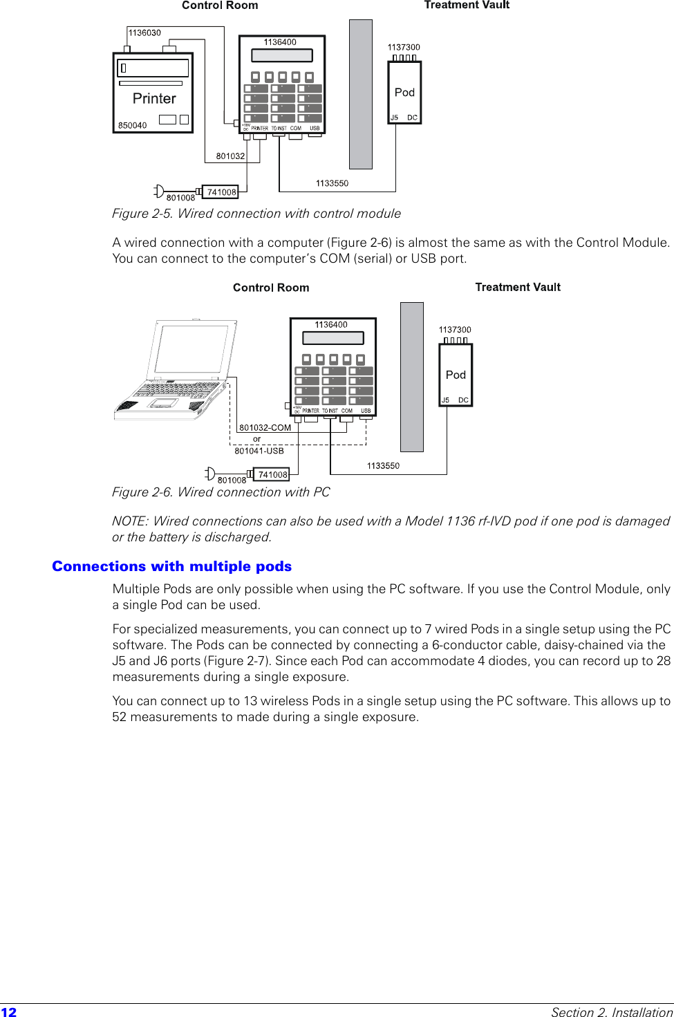 12 Section 2. InstallationFigure 2-5. Wired connection with control moduleA wired connection with a computer (Figure 2-6) is almost the same as with the Control Module. You can connect to the computer’s COM (serial) or USB port.Figure 2-6. Wired connection with PCNOTE: Wired connections can also be used with a Model 1136 rf-IVD pod if one pod is damaged or the battery is discharged. Connections with multiple podsMultiple Pods are only possible when using the PC software. If you use the Control Module, only a single Pod can be used.For specialized measurements, you can connect up to 7 wired Pods in a single setup using the PC software. The Pods can be connected by connecting a 6-conductor cable, daisy-chained via the J5 and J6 ports (Figure 2-7). Since each Pod can accommodate 4 diodes, you can record up to 28 measurements during a single exposure.You can connect up to 13 wireless Pods in a single setup using the PC software. This allows up to 52 measurements to made during a single exposure.