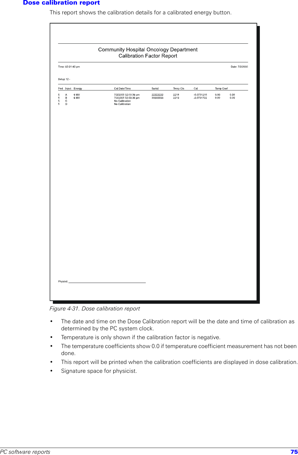 PC software reports 75Dose calibration reportThis report shows the calibration details for a calibrated energy button. Figure 4-31. Dose calibration report• The date and time on the Dose Calibration report will be the date and time of calibration as determined by the PC system clock. • Temperature is only shown if the calibration factor is negative.• The temperature coefficients show 0.0 if temperature coefficient measurement has not been done.• This report will be printed when the calibration coefficients are displayed in dose calibration.• Signature space for physicist.