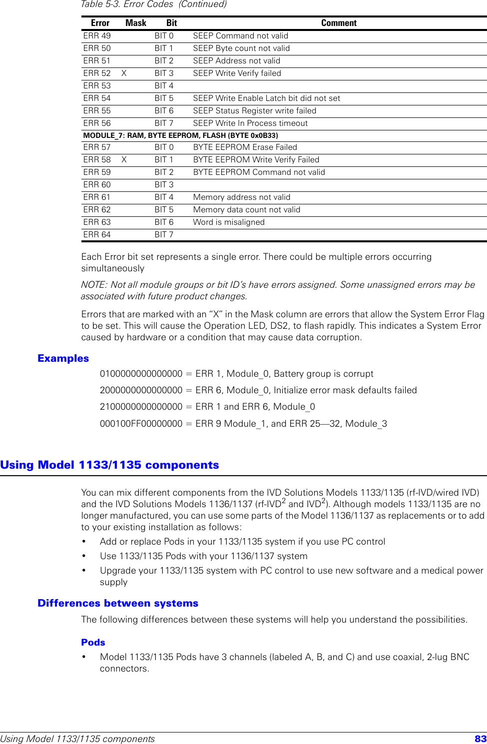 Using Model 1133/1135 components 83Each Error bit set represents a single error. There could be multiple errors occurring simultaneouslyNOTE: Not all module groups or bit ID’s have errors assigned. Some unassigned errors may be associated with future product changes.Errors that are marked with an “X” in the Mask column are errors that allow the System Error Flag to be set. This will cause the Operation LED, DS2, to flash rapidly. This indicates a System Error caused by hardware or a condition that may cause data corruption.Examples0100000000000000 = ERR 1, Module_0, Battery group is corrupt2000000000000000 = ERR 6, Module_0, Initialize error mask defaults failed2100000000000000 = ERR 1 and ERR 6, Module_0000100FF00000000 = ERR 9 Module_1, and ERR 25—32, Module_3Using Model 1133/1135 componentsYou can mix different components from the IVD Solutions Models 1133/1135 (rf-IVD/wired IVD) and the IVD Solutions Models 1136/1137 (rf-IVD2 and IVD2). Although models 1133/1135 are no longer manufactured, you can use some parts of the Model 1136/1137 as replacements or to add to your existing installation as follows: • Add or replace Pods in your 1133/1135 system if you use PC control• Use 1133/1135 Pods with your 1136/1137 system• Upgrade your 1133/1135 system with PC control to use new software and a medical power supplyDifferences between systemsThe following differences between these systems will help you understand the possibilities.Pods • Model 1133/1135 Pods have 3 channels (labeled A, B, and C) and use coaxial, 2-lug BNC connectors. ERR 49 BIT 0 SEEP Command not validERR 50 BIT 1 SEEP Byte count not validERR 51 BIT 2 SEEP Address not validERR 52 X BIT 3 SEEP Write Verify failed ERR 53 BIT 4ERR 54 BIT 5 SEEP Write Enable Latch bit did not setERR 55 BIT 6 SEEP Status Register write failedERR 56 BIT 7 SEEP Write In Process timeoutMODULE_7: RAM, BYTE EEPROM, FLASH (BYTE 0x0B33)ERR 57 BIT 0 BYTE EEPROM Erase FailedERR 58 X BIT 1 BYTE EEPROM Write Verify FailedERR 59 BIT 2 BYTE EEPROM Command not validERR 60 BIT 3ERR 61 BIT 4 Memory address not validERR 62 BIT 5 Memory data count not validERR 63 BIT 6 Word is misalignedERR 64 BIT 7Table 5-3. Error Codes  (Continued)Error Mask Bit Comment