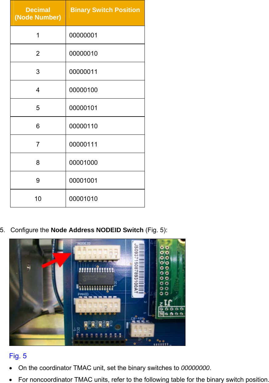     Decimal         (Node Number)  Binary Switch Position 1 00000001 2 00000010 3 00000011 4 00000100 5 00000101 6 00000110 7 00000111 8 00001000 9 00001001 10 00001010  5.   Configure the Node Address NODEID Switch (Fig. 5):  Fig. 5 •  On the coordinator TMAC unit, set the binary switches to 00000000.  •  For noncoordinator TMAC units, refer to the following table for the binary switch position.  