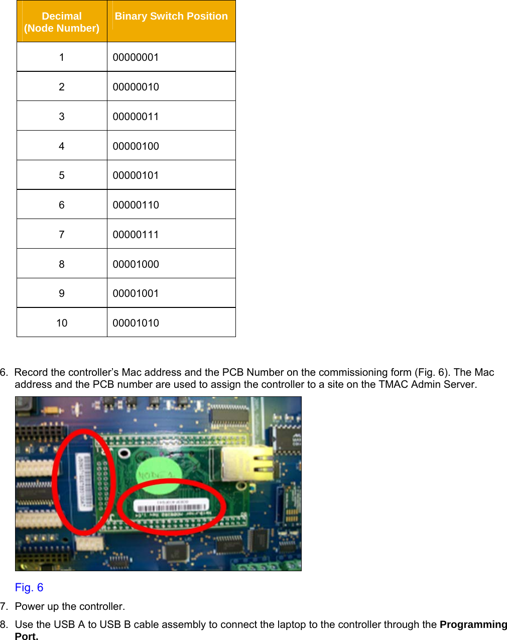     Decimal         (Node Number)  Binary Switch Position 1 00000001 2 00000010 3 00000011 4 00000100 5 00000101 6 00000110 7 00000111 8 00001000 9 00001001 10 00001010  6.  Record the controller’s Mac address and the PCB Number on the commissioning form (Fig. 6). The Mac address and the PCB number are used to assign the controller to a site on the TMAC Admin Server.    Fig. 6 7.  Power up the controller. 8.  Use the USB A to USB B cable assembly to connect the laptop to the controller through the Programming Port.  