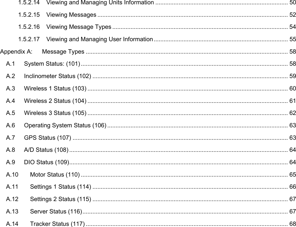    1.5.2.14Viewing and Managing Units Information ................................................................................ 501.5.2.15Viewing Messages ................................................................................................................... 521.5.2.16Viewing Message Types .......................................................................................................... 541.5.2.17Viewing and Managing User Information ................................................................................. 55Appendix A:Message Types .......................................................................................................................... 58A.1System Status: (101) ............................................................................................................................. 58A.2Inclinometer Status (102) ...................................................................................................................... 59A.3Wireless 1 Status (103) ......................................................................................................................... 60A.4Wireless 2 Status (104) ......................................................................................................................... 61A.5Wireless 3 Status (105) ......................................................................................................................... 62A.6Operating System Status (106) ............................................................................................................. 63A.7GPS Status (107) .................................................................................................................................. 63A.8A/D Status (108) .................................................................................................................................... 64A.9DIO Status (109).................................................................................................................................... 64A.10Motor Status (110) ............................................................................................................................. 65A.11Settings 1 Status (114) ...................................................................................................................... 66A.12Settings 2 Status (115) ...................................................................................................................... 67A.13Server Status (116)............................................................................................................................ 67A.14Tracker Status (117) .......................................................................................................................... 68 