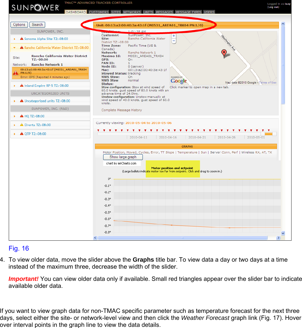     Fig. 16 4.  To view older data, move the slider above the Graphs title bar. To view data a day or two days at a time instead of the maximum three, decrease the width of the slider.  Important! You can view older data only if available. Small red triangles appear over the slider bar to indicate available older data.       If you want to view graph data for non-TMAC specific parameter such as temperature forecast for the next three days, select either the site- or network-level view and then click the Weather Forecast graph link (Fig. 17). Hover over interval points in the graph line to view the data details. 