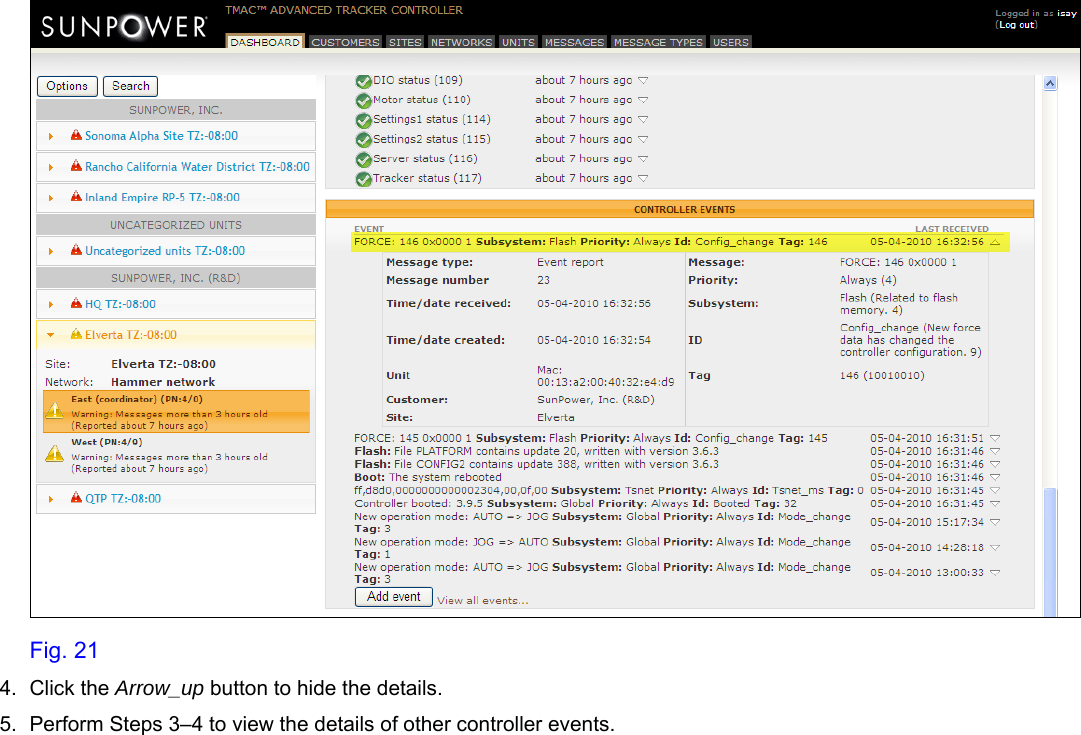     Fig. 21 4. Click the Arrow_up button to hide the details. 5.  Perform Steps 3–4 to view the details of other controller events. 