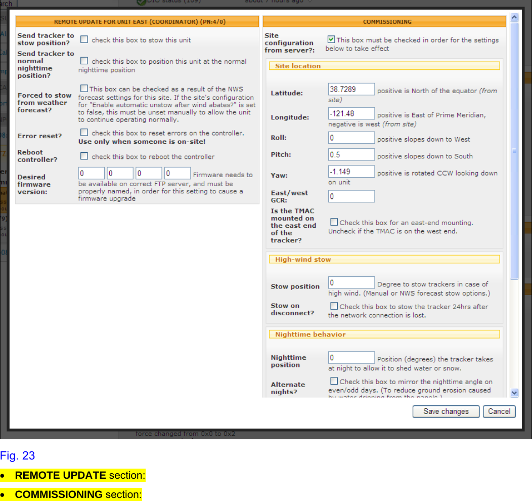     Fig. 23 • REMOTE UPDATE section: • COMMISSIONING section: 