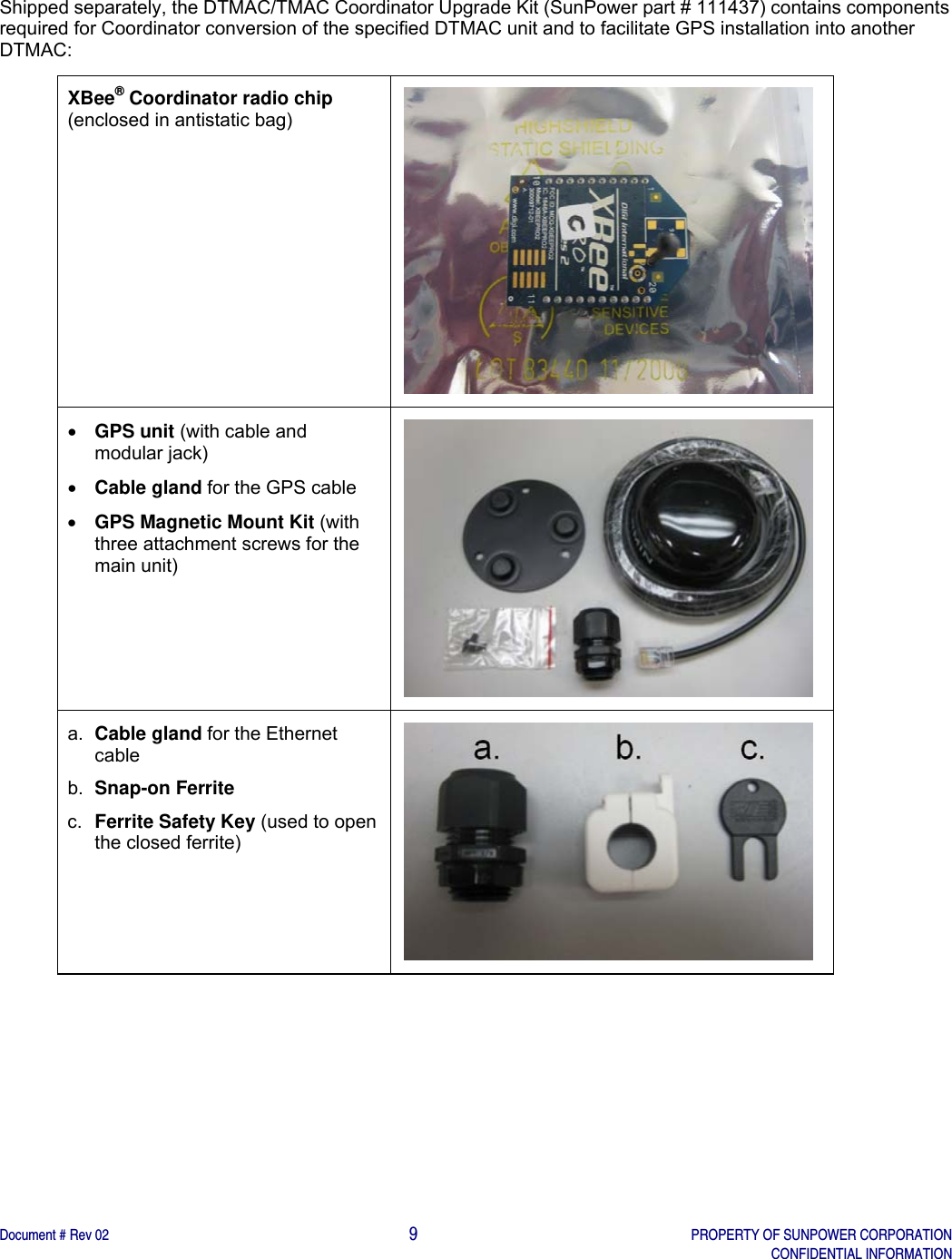    Document # Rev 02                                                                                       9   PROPERTY OF SUNPOWER CORPORATION   CONFIDENTIAL INFORMATION   Shipped separately, the DTMAC/TMAC Coordinator Upgrade Kit (SunPower part # 111437) contains components required for Coordinator conversion of the specified DTMAC unit and to facilitate GPS installation into another DTMAC: XBee® Coordinator radio chip (enclosed in antistatic bag)    GPS unit (with cable and modular jack)  Cable gland for the GPS cable  GPS Magnetic Mount Kit (with three attachment screws for the main unit)    a.  Cable gland for the Ethernet cable b.  Snap-on Ferrite  c.  Ferrite Safety Key (used to open the closed ferrite)        